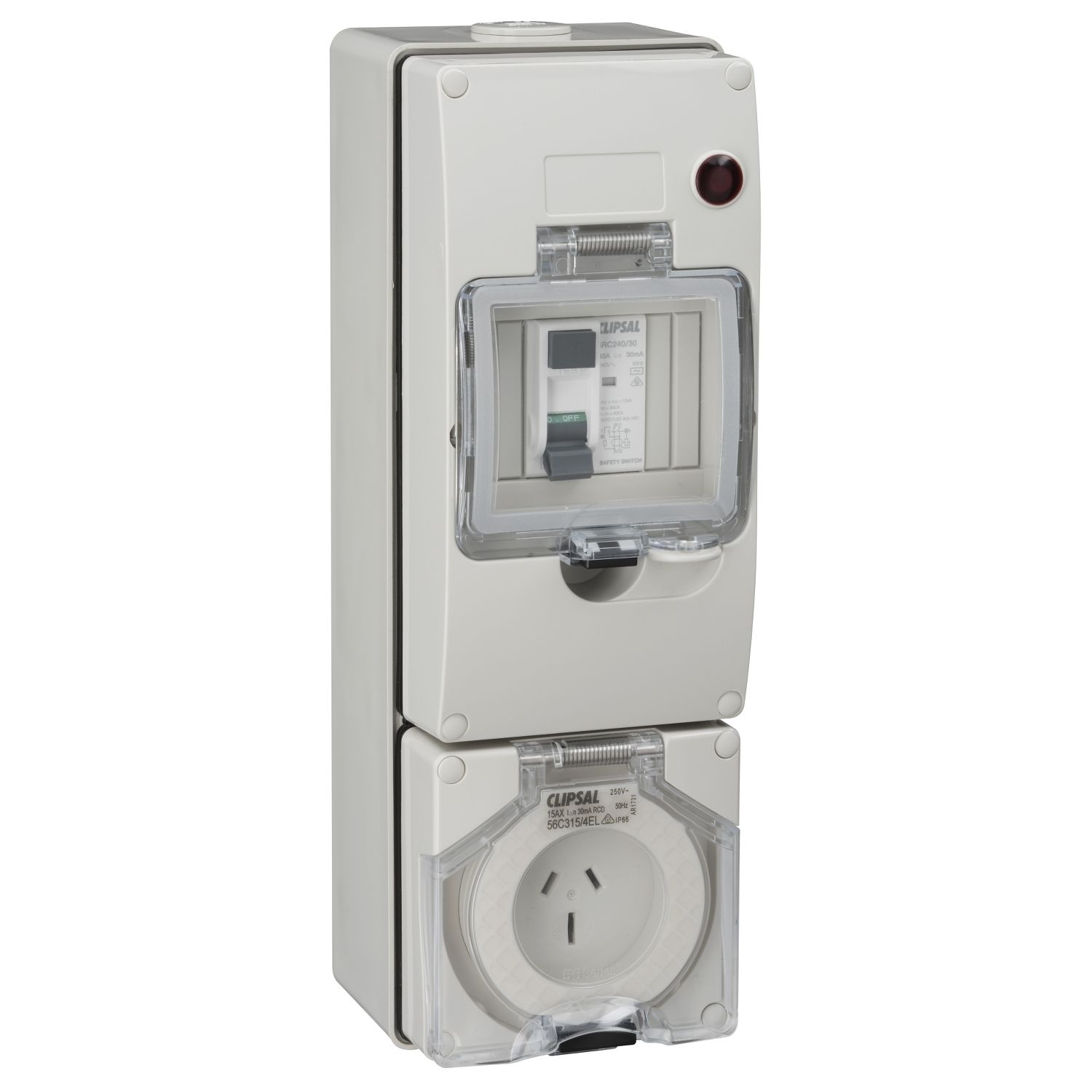 Picture of Switched Socket Outlet 250V, Clipsal - 56 Series, 15A, 3 Flat PIN, IP66, Surface Mount, Earth Leakage