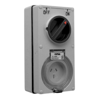 Picture of Switched Socket Outlet 250V, Clipsal - 56 Series, 10A, 3 Flat PIN, IP66, 1 Pole, Vertical, Heavy Duty