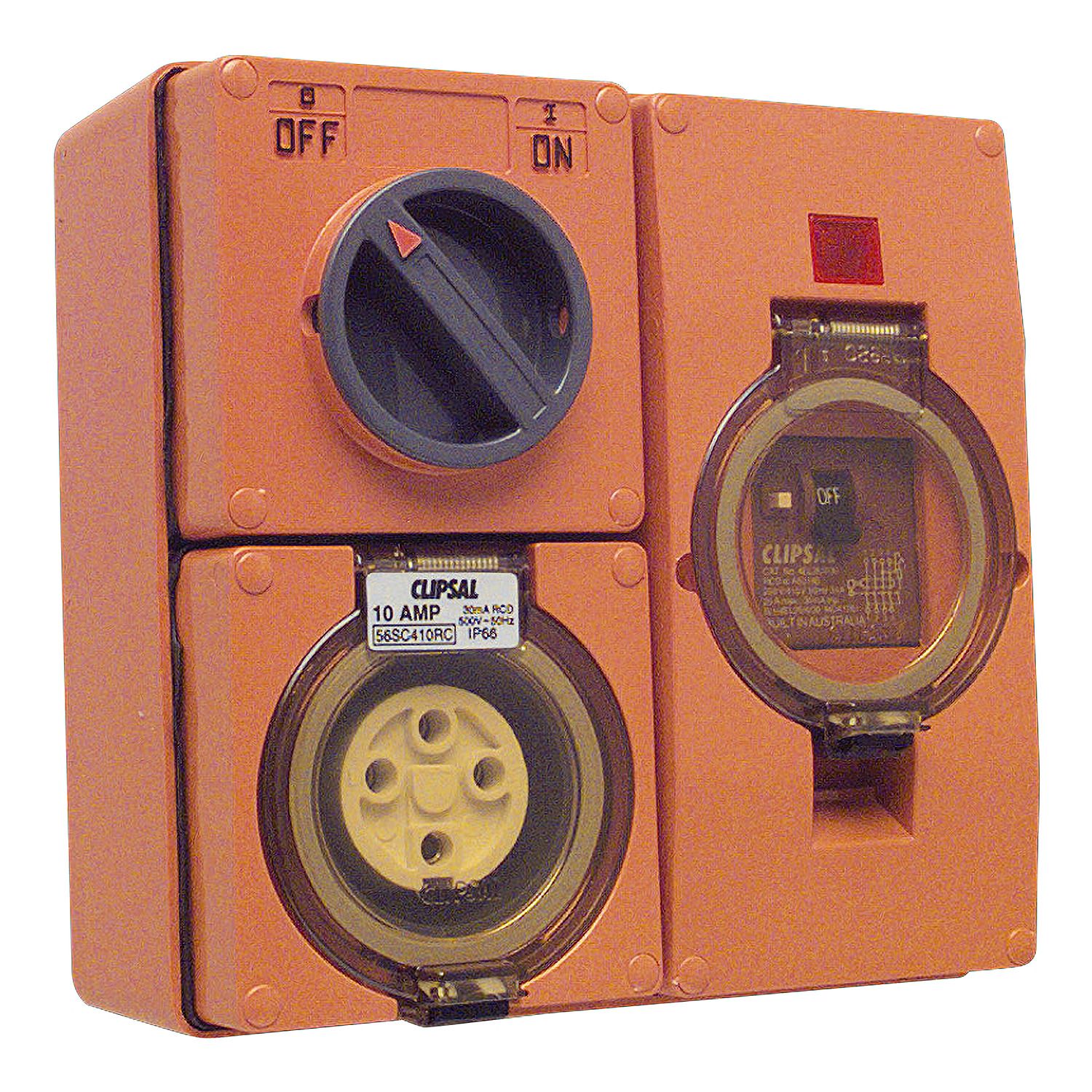 Picture of RCD Protected Switched Socket Outlet, Clipsal - 56 Series, 500V 20A, 4 Round PIN IP66 3 Pole, 30mA RCD