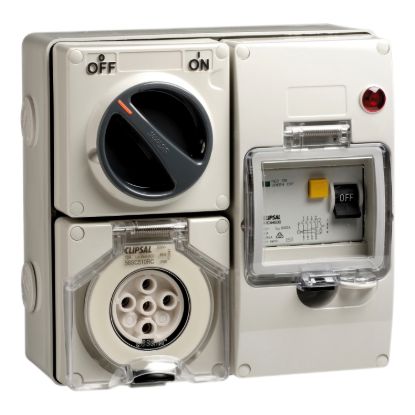 Picture of RCD Protected Switched Socket Outlet, Clipsal - 56 Series, 500V 10A 5 Round PIN IP66, 3 Pole, 30mA RCD