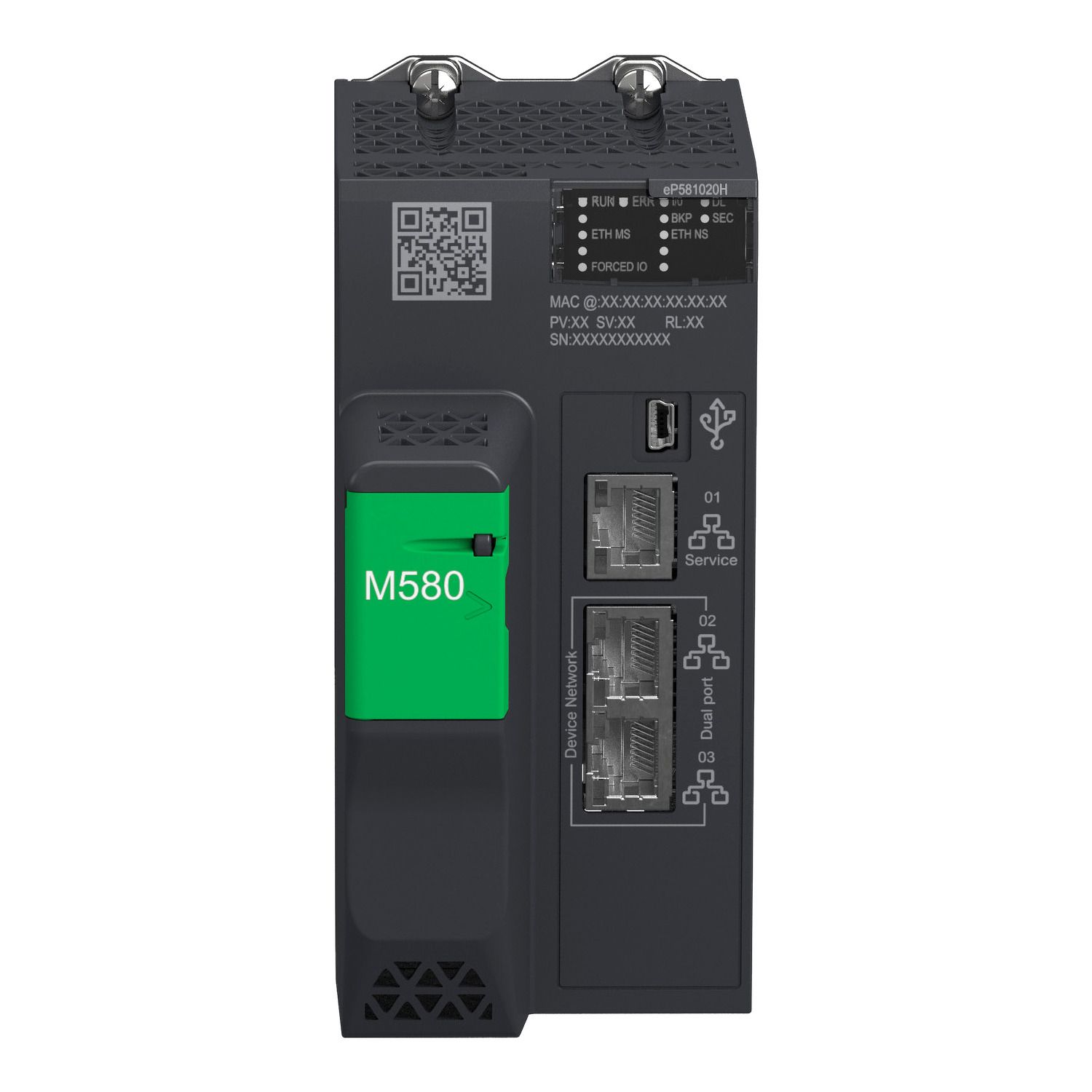 Picture of standalone processor, Modicon M580, 4MB, 61 Ethernet devices, 4 local IO racks of 1024 digital, 256 analog, severe environment