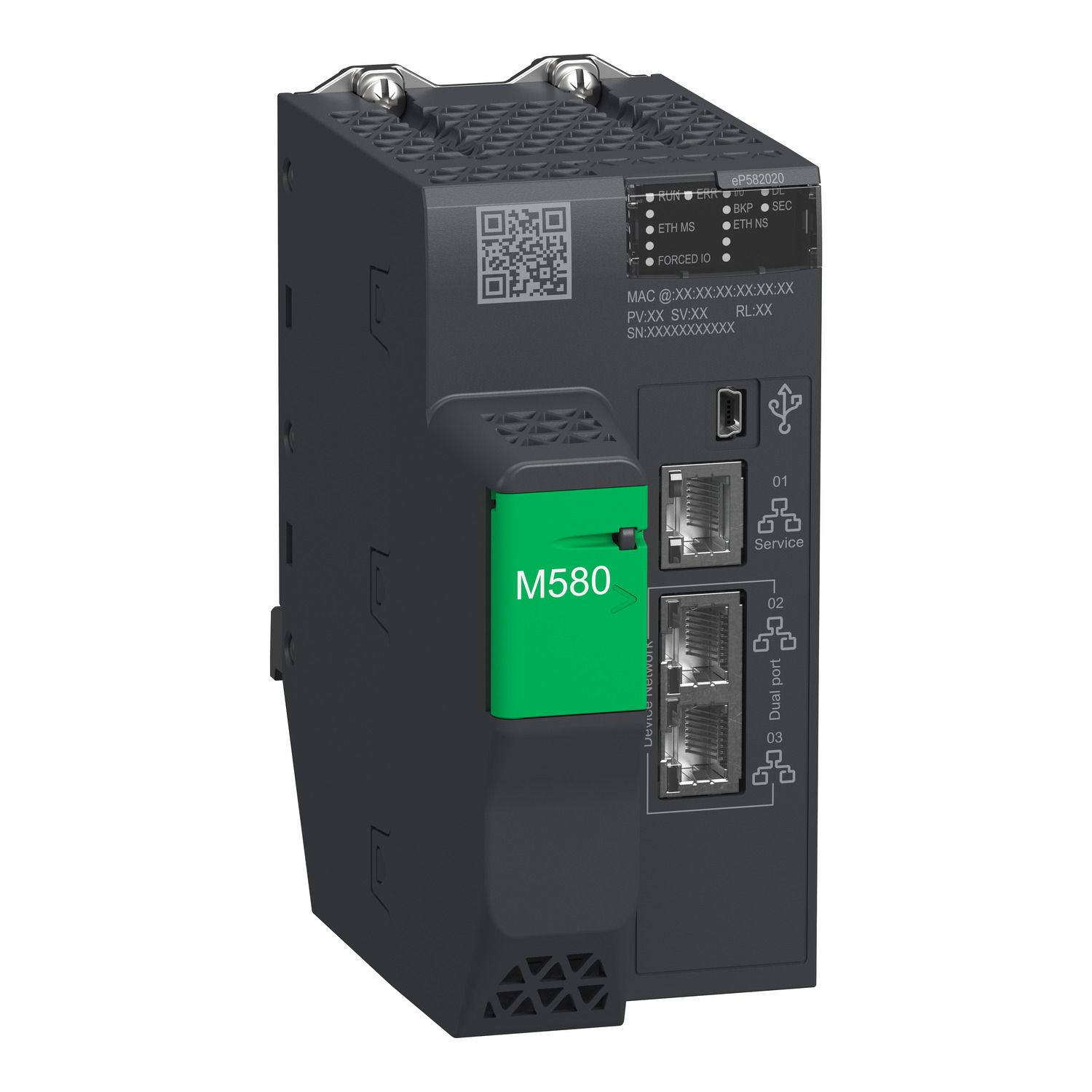 Picture of standalone processor, Modicon M580, 8MB, 125 Ethernet devices, 4 local IO racks of 2045 digital, 512 analog