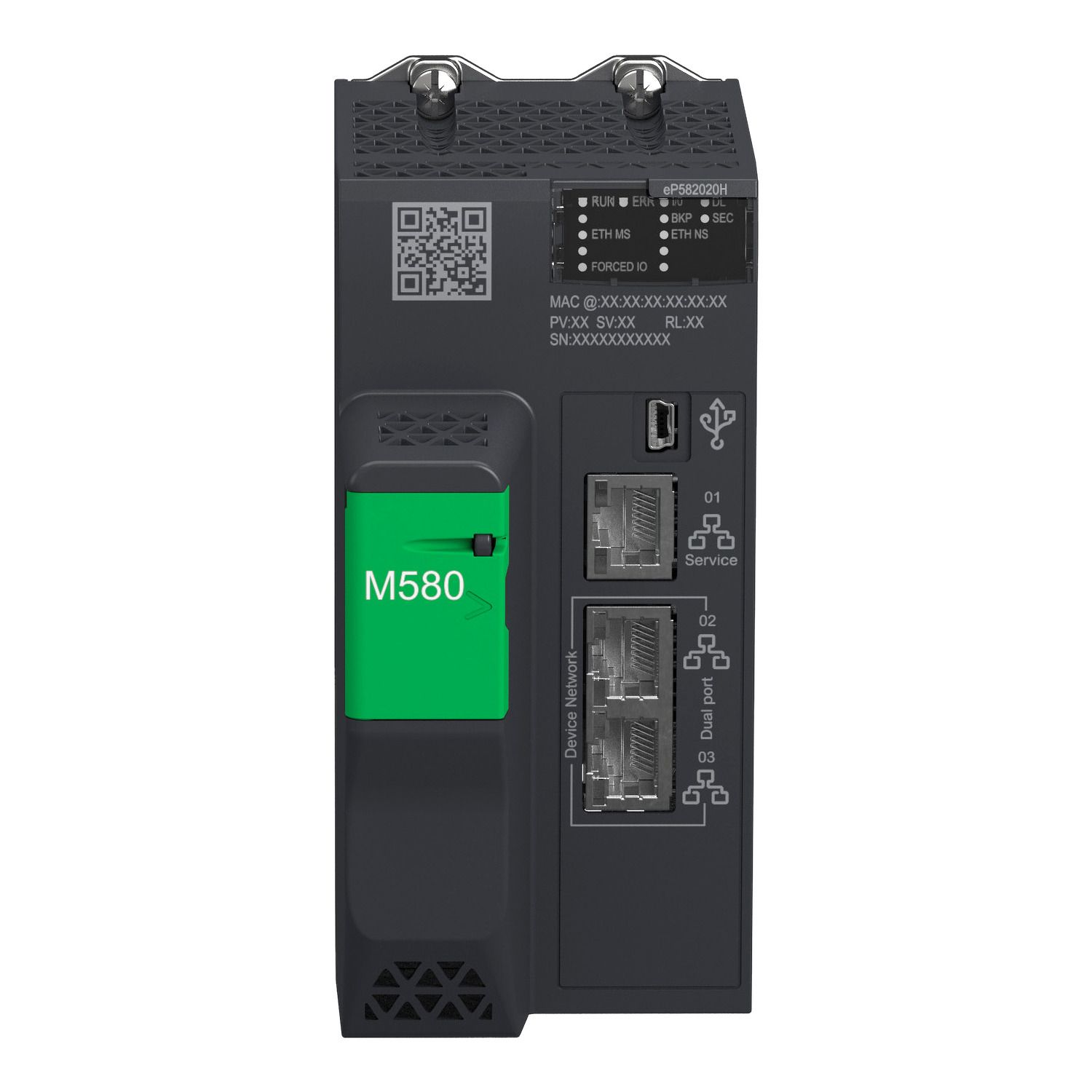 Picture of standalone processor, Modicon M580, 8MB, 125 Ethernet devices, 4 local IO racks of 2045 digital, 512 analog, severe environment