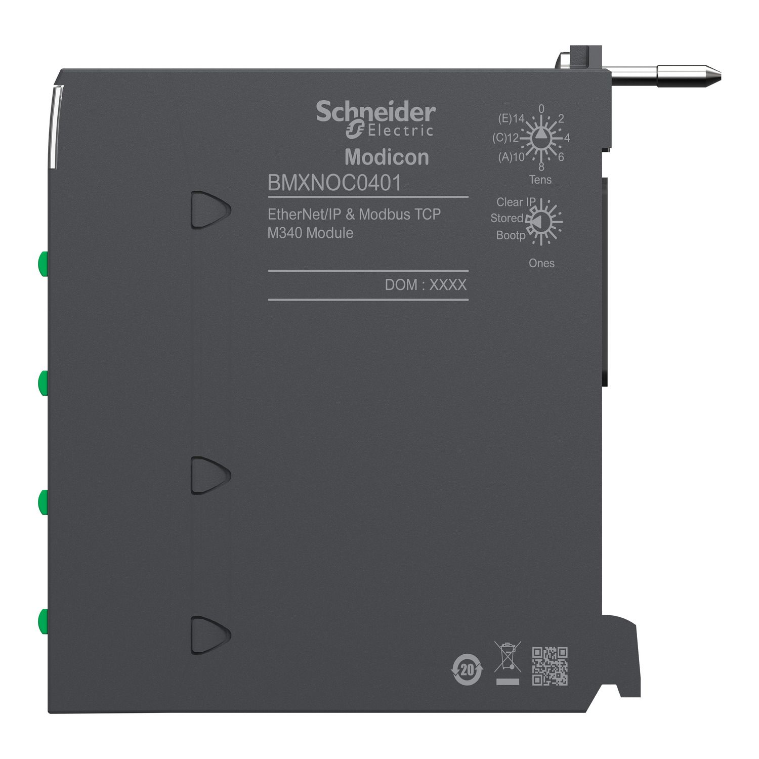 Picture of network module, Modicon M340, EtherNet/IP and Modbus/TCP, 4 x RJ45