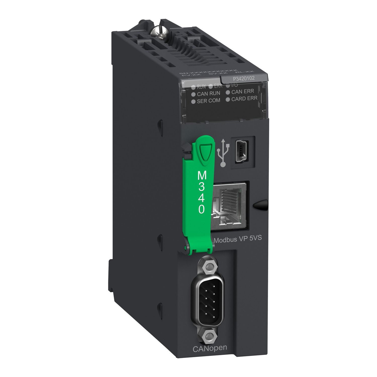 Picture of processor, Modicon M340, max 1024 discrete, 256 analog IO, Modbus, CANopen