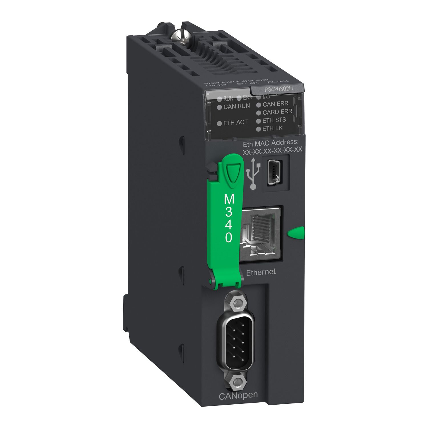 Picture of processor, Modicon M340, max 1024 discrete, 256 analog IO, CANopen, Ethernet, for severe environment