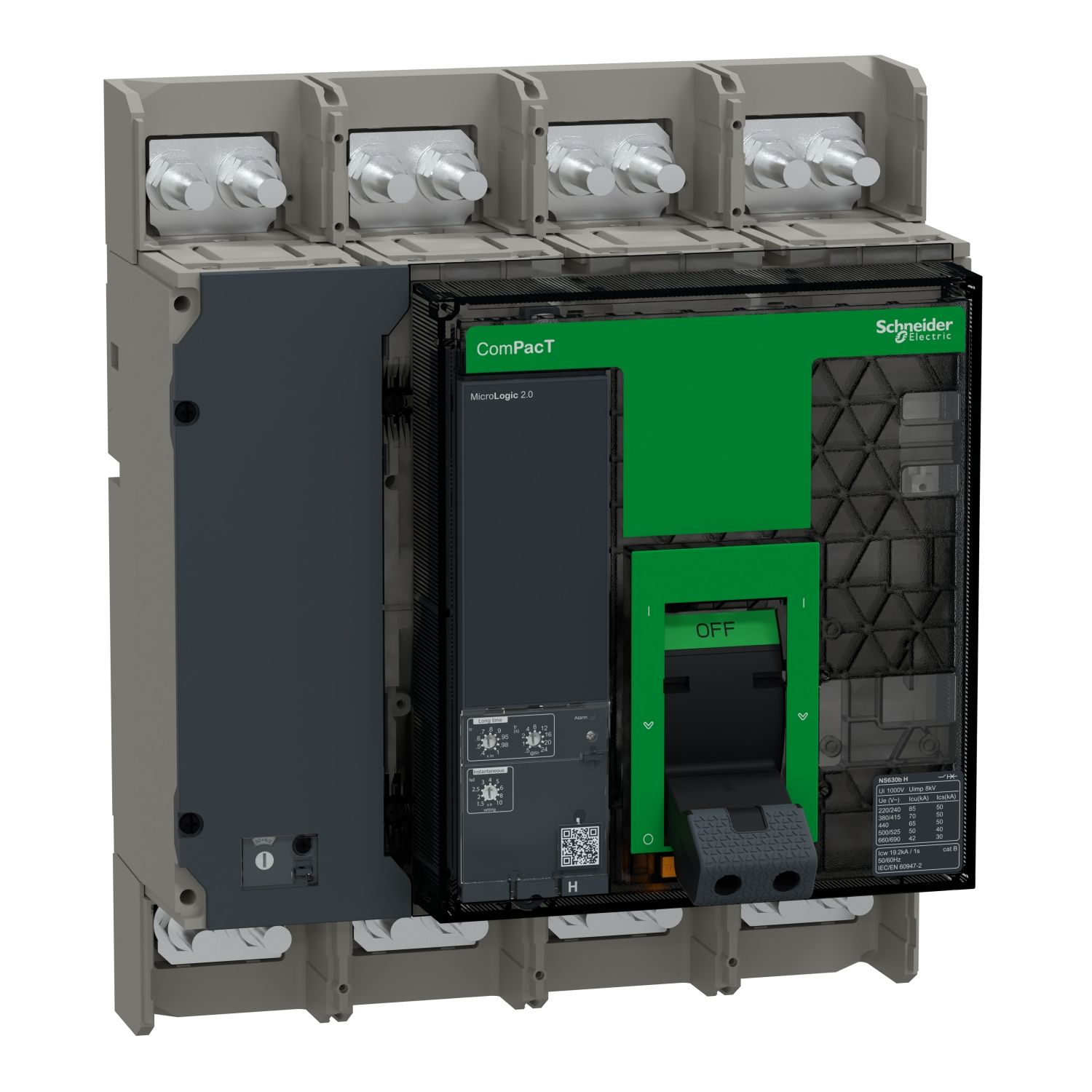 Picture of Circuit breaker, ComPacT NS630bH, 70kA at 415VAC, 4P, fixed, manually operated, MicroLogic 2.0 control unit, 630A