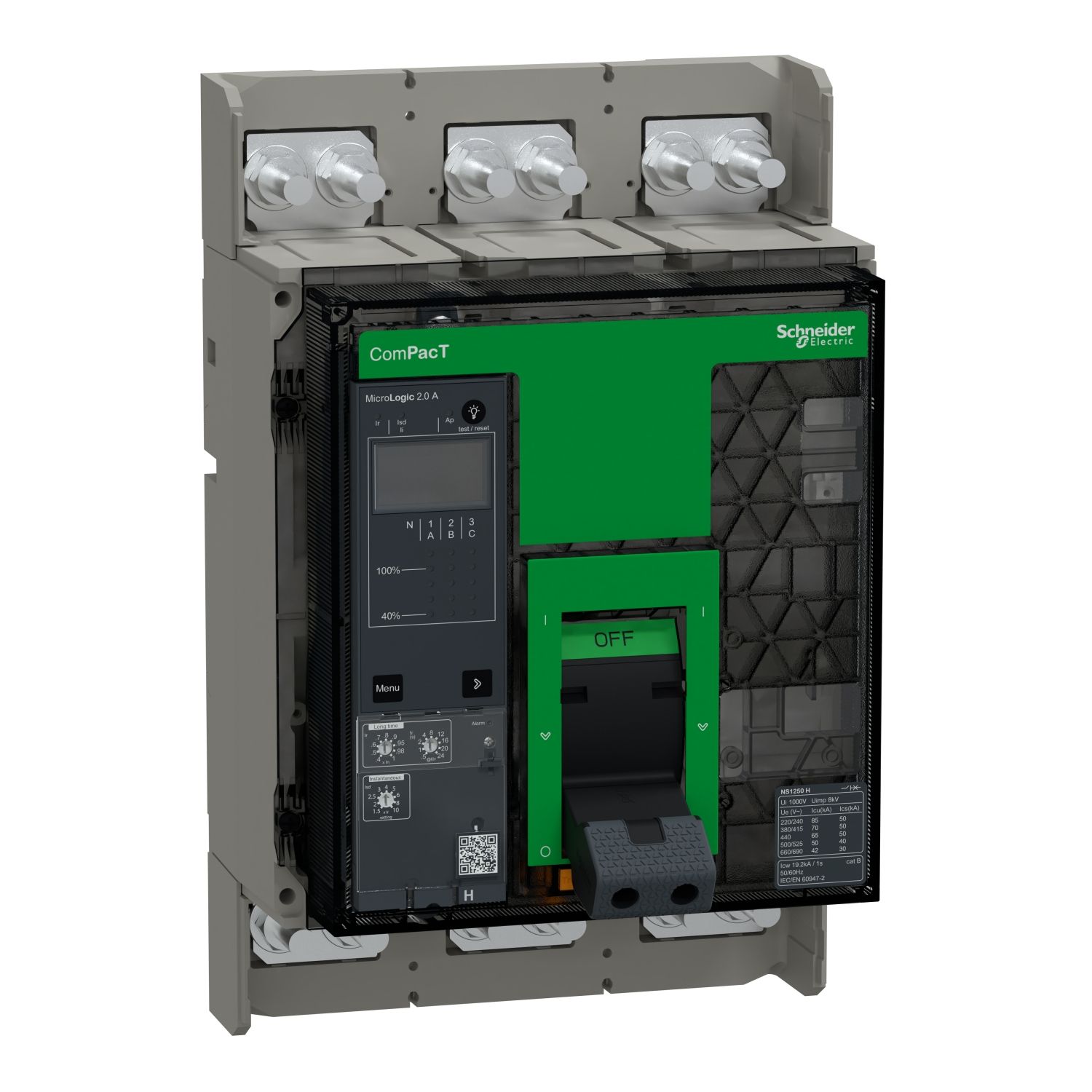 Picture of Circuit breaker, ComPacT NS1250H, 70kA at 415VAC, 3P, fixed, manually operated, MicroLogic 2.0A control unit, 1250A