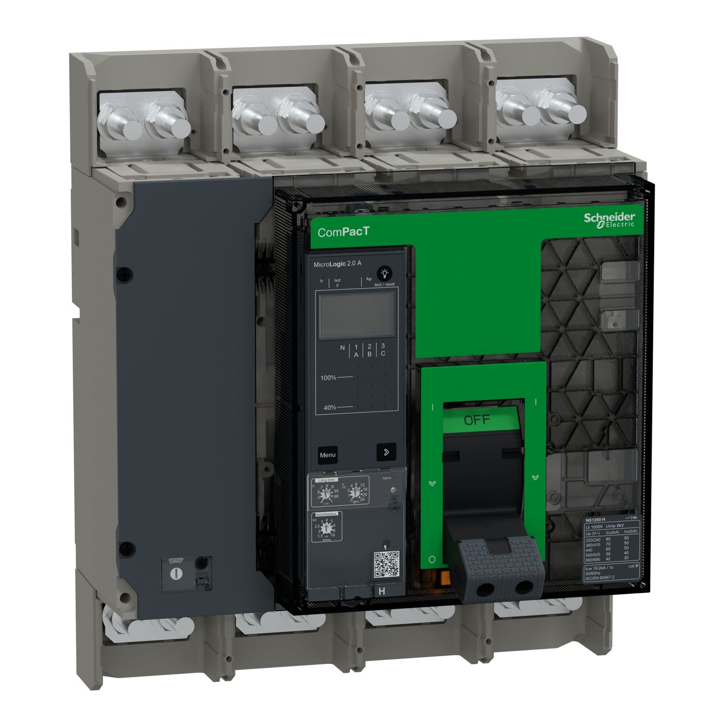 Picture of Circuit breaker, ComPacT NS1250H, 70kA at 415VAC, 4P, fixed, manually operated, MicroLogic 2.0A control unit, 1250A