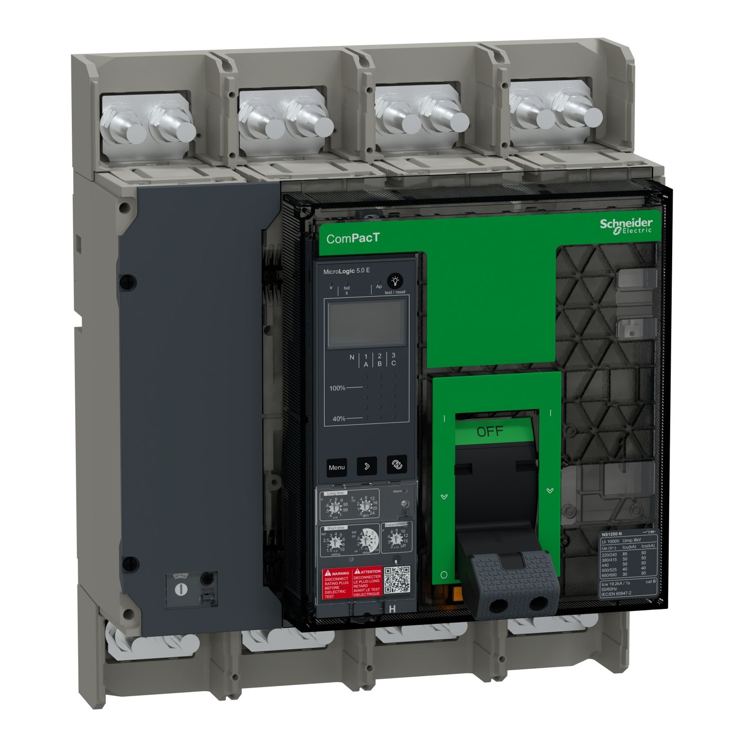 Picture of Circuit breaker, ComPacT NS1250H, 70kA at 415VAC, 4P, fixed, manually operated, MicroLogic 5.0E control unit, 1250A
