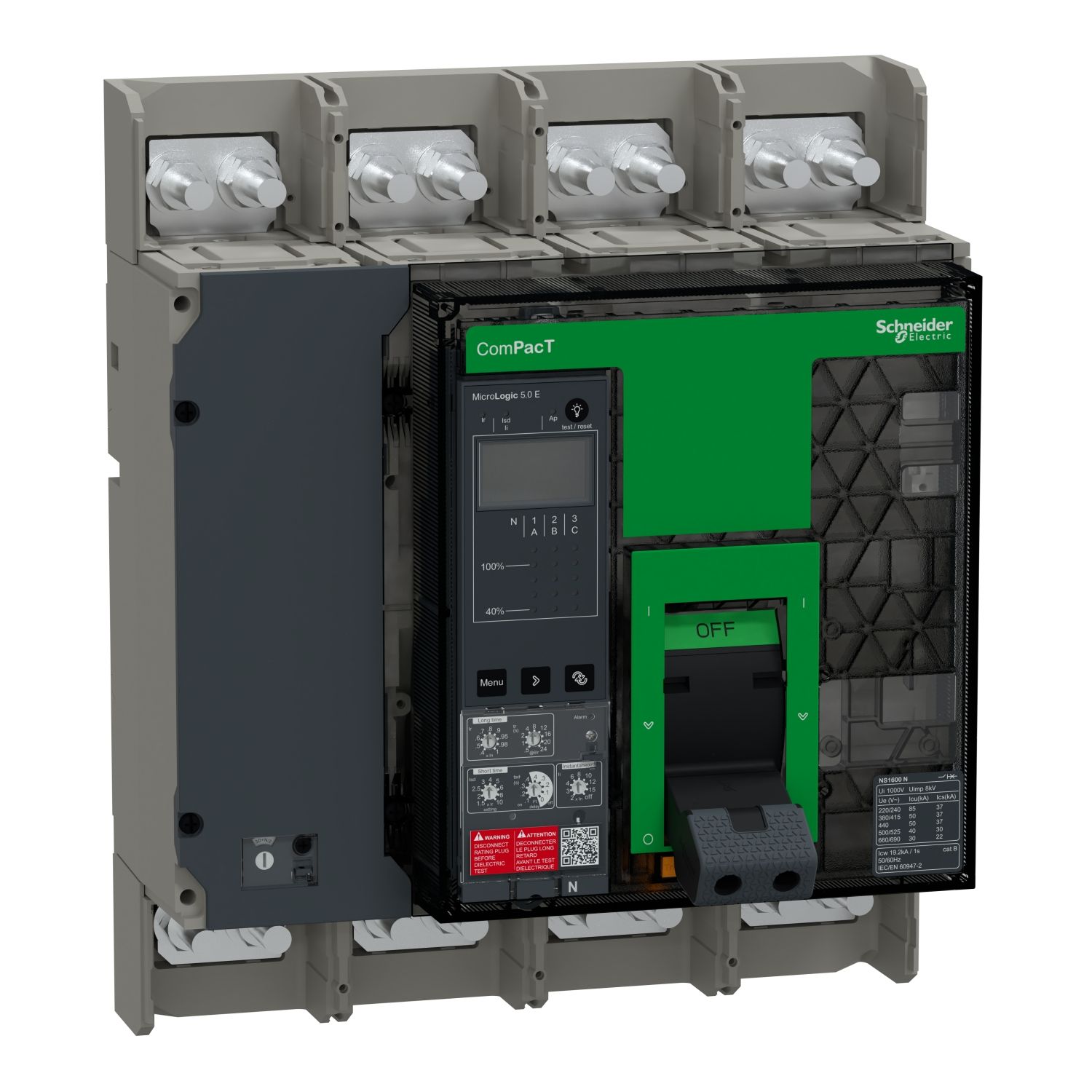 Picture of Circuit breaker, ComPacT NS1600N, 50kA at 415VAC, 4P, fixed, manually operated, MicroLogic 5.0E control unit, 1600A