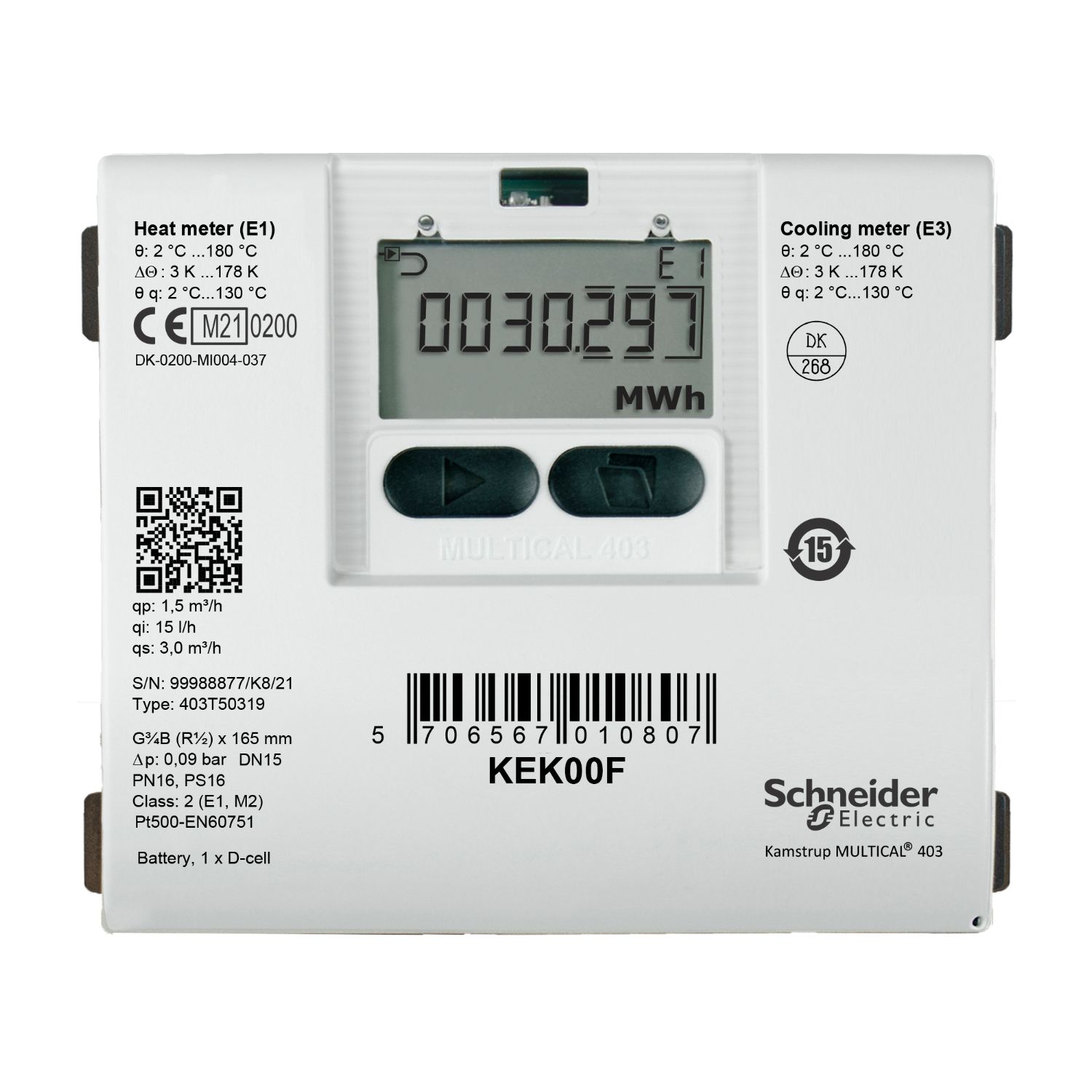 Picture of KE Series Heating And Cooling Meter, R½ Threaded Brass, 1.5 m³/h Nominal, Flow Meter