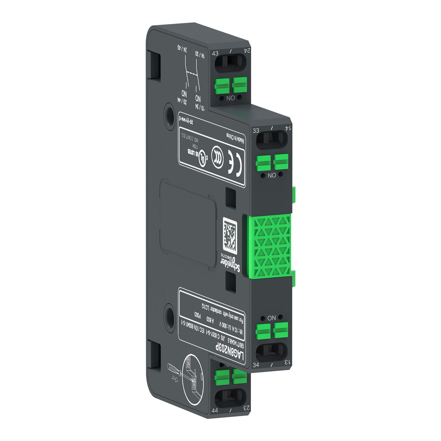 Picture of Auxiliary contact block,TeSys Giga contactor,2NO,lateral face side mounting,push-in terminals L1/R1