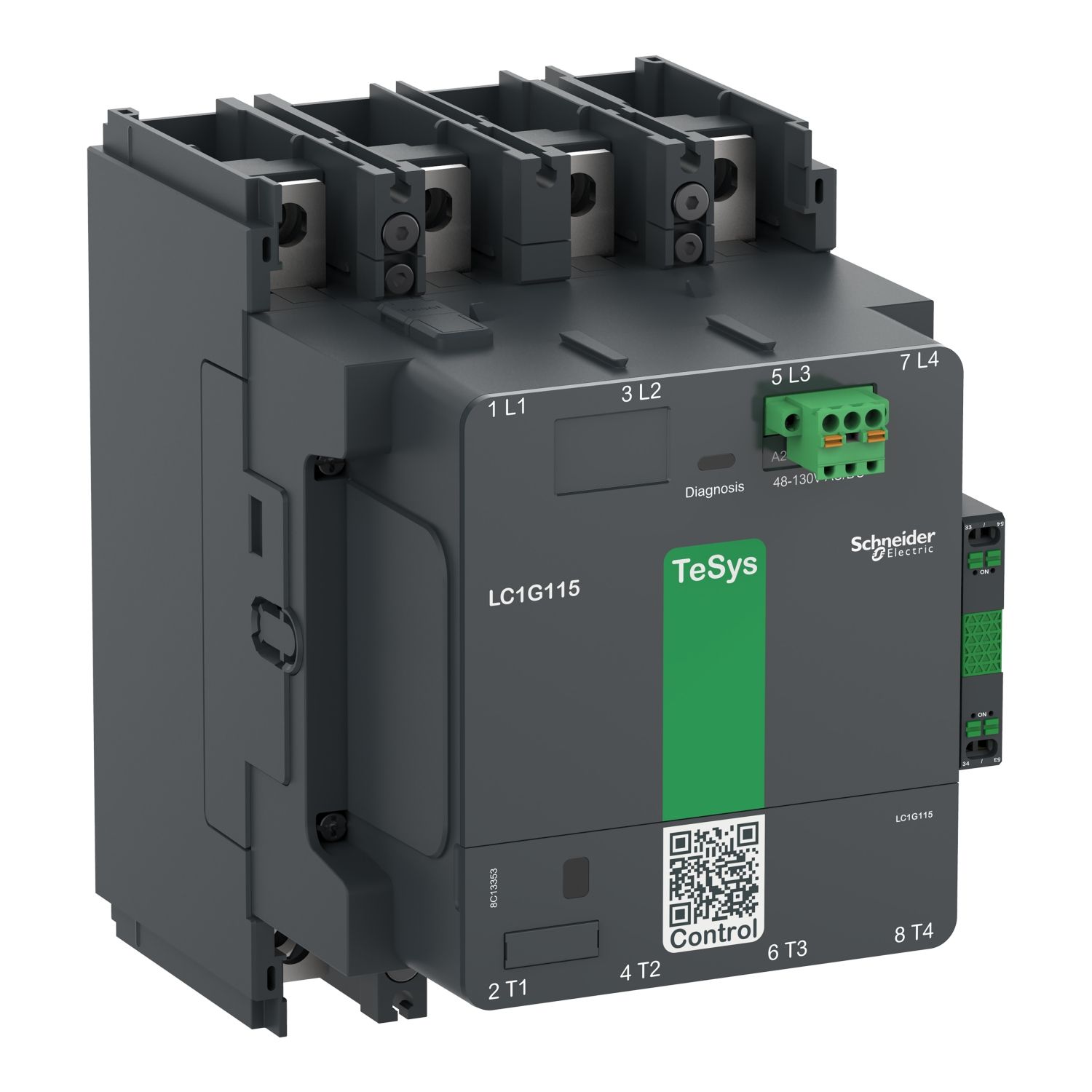 Picture of High power contactor, TeSys Giga, 4 pole (4NO), AC-1 <=440V 275A, standard version, 100…250V wide band AC/DC coil