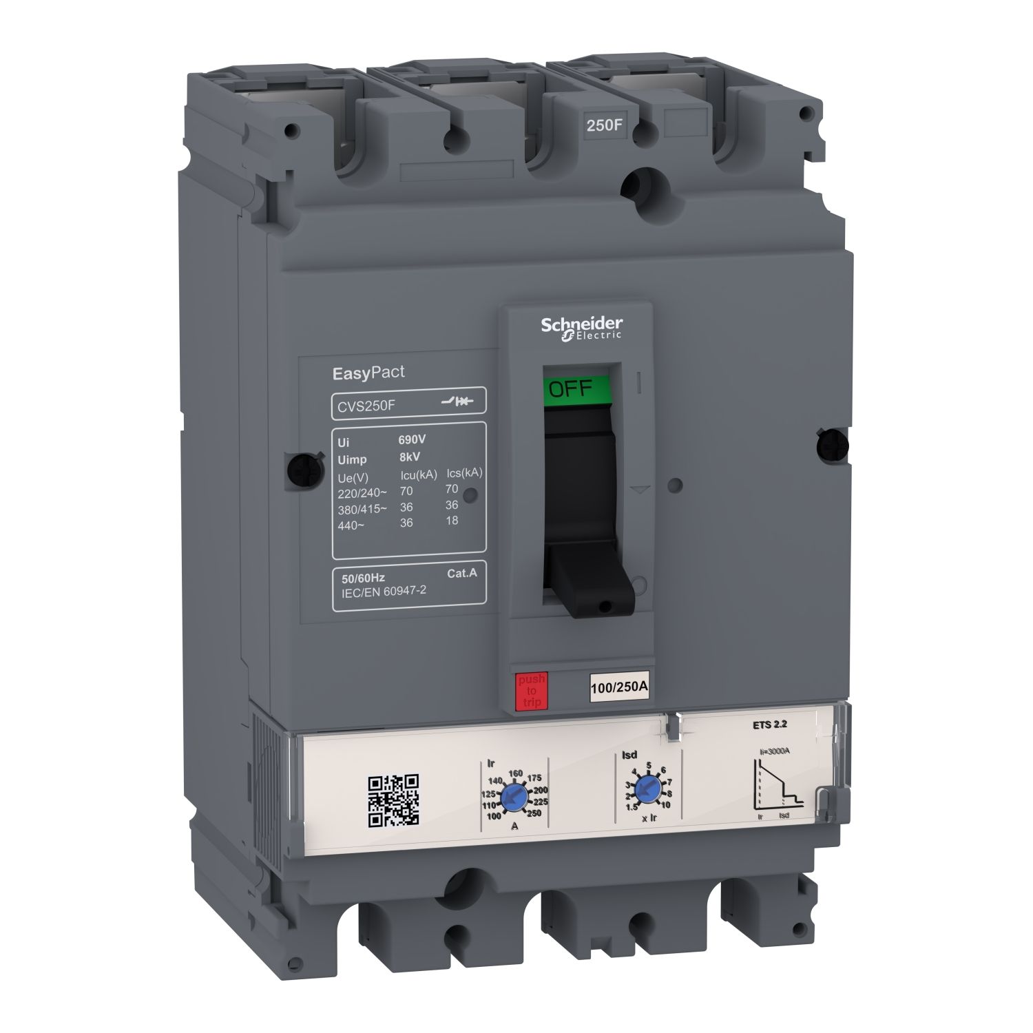 Picture of circuit breaker, EasyPact CVS160F, 36kA at 415VAC, ETS 2.2, 160A, 3P 3d
