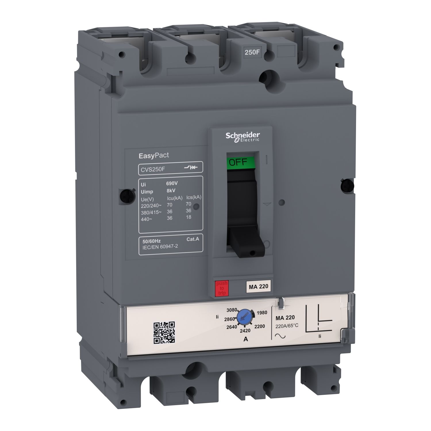 Picture of circuit breaker, EasyPact CVS250F, 36kA at 415VAC, 220A, MA trip unit, 3P3d