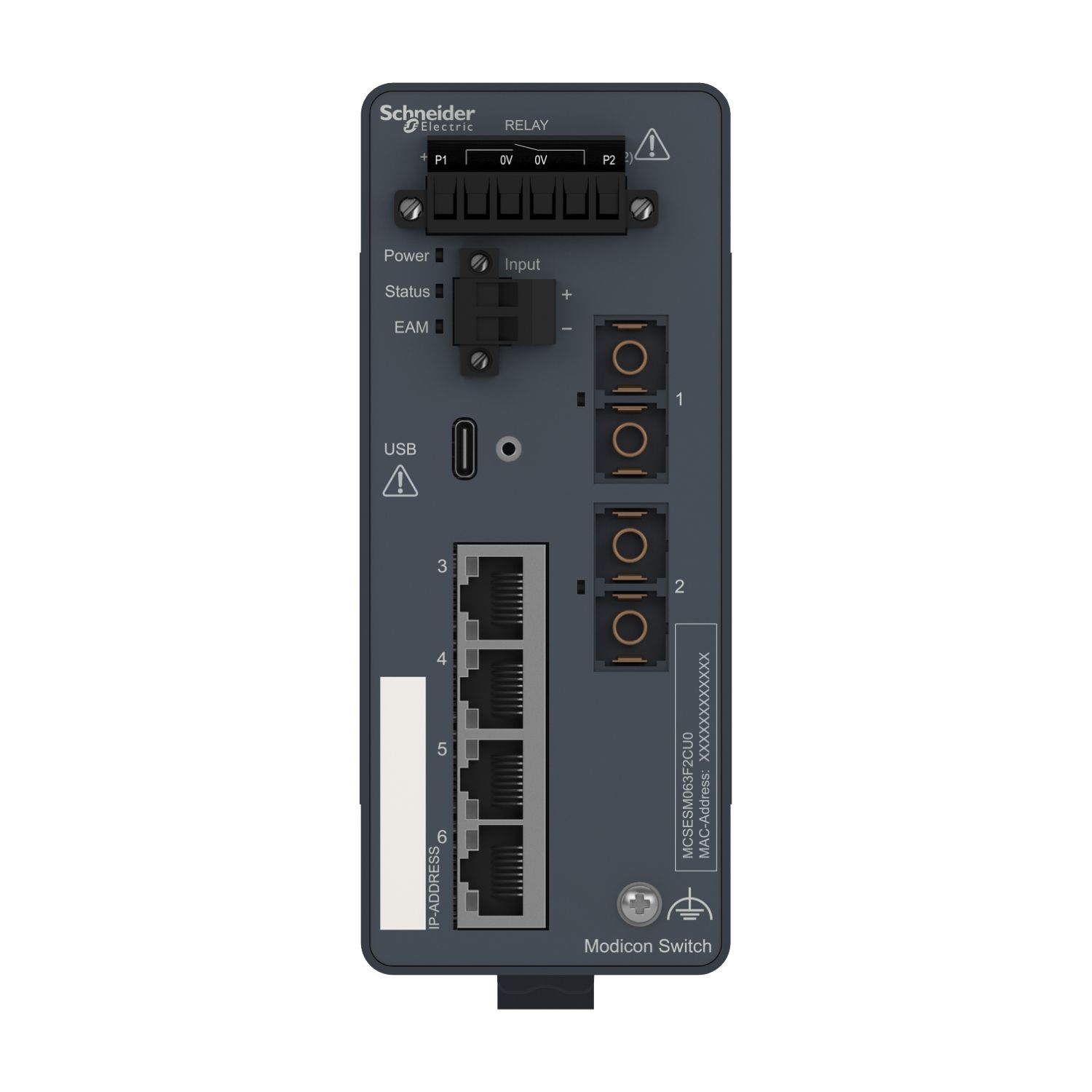Picture of network switch, Modicon Networking, managed, 4 ports for copper with 2 port for fiber optic, multimode