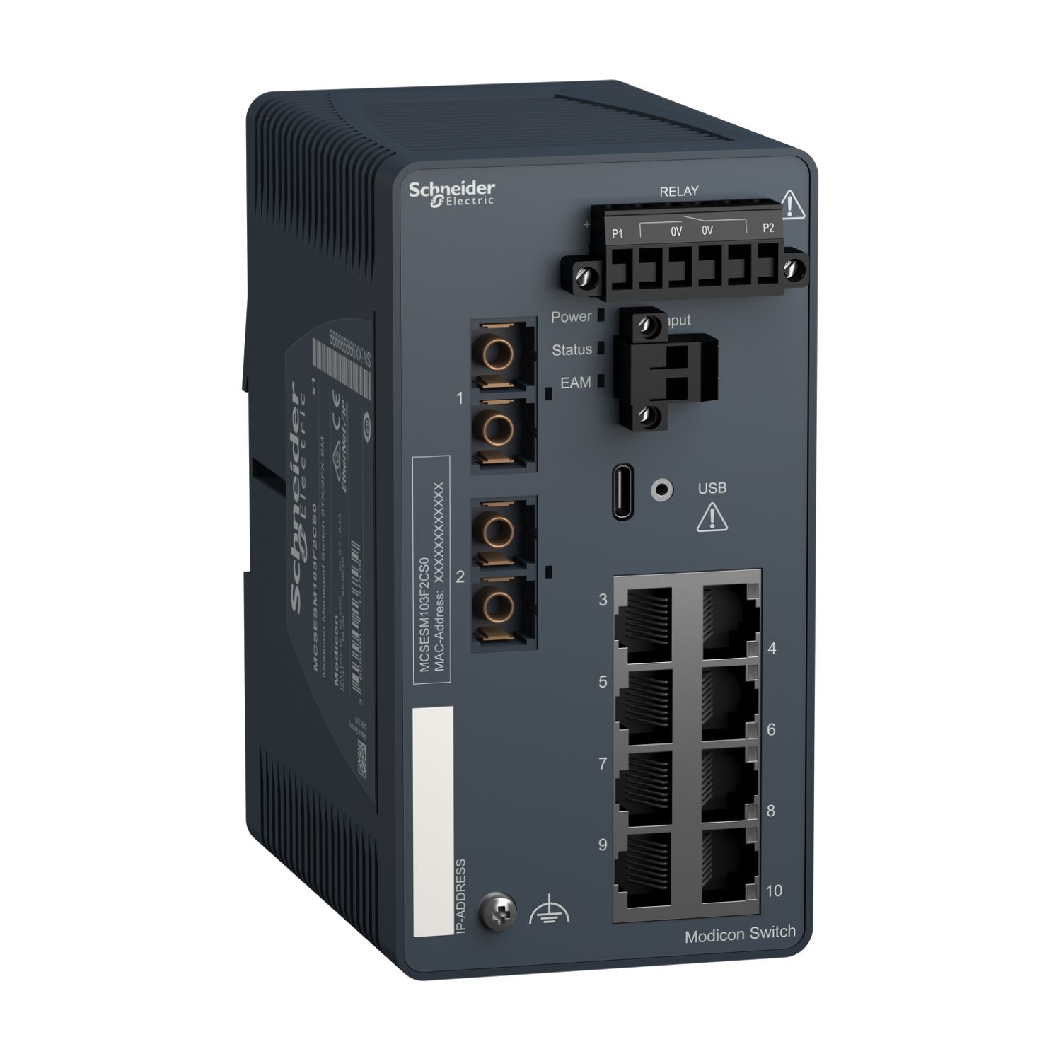 Picture of network switch, Modicon Networking, managed, 8 ports for copper with 2 ports for fiber optic, singlemode