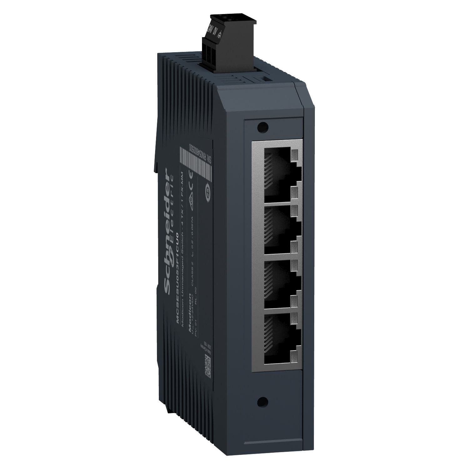 Picture of network switch, Modicon networking, standard unmanaged, 4 ports for copper with 1 port for multimode fiber optic