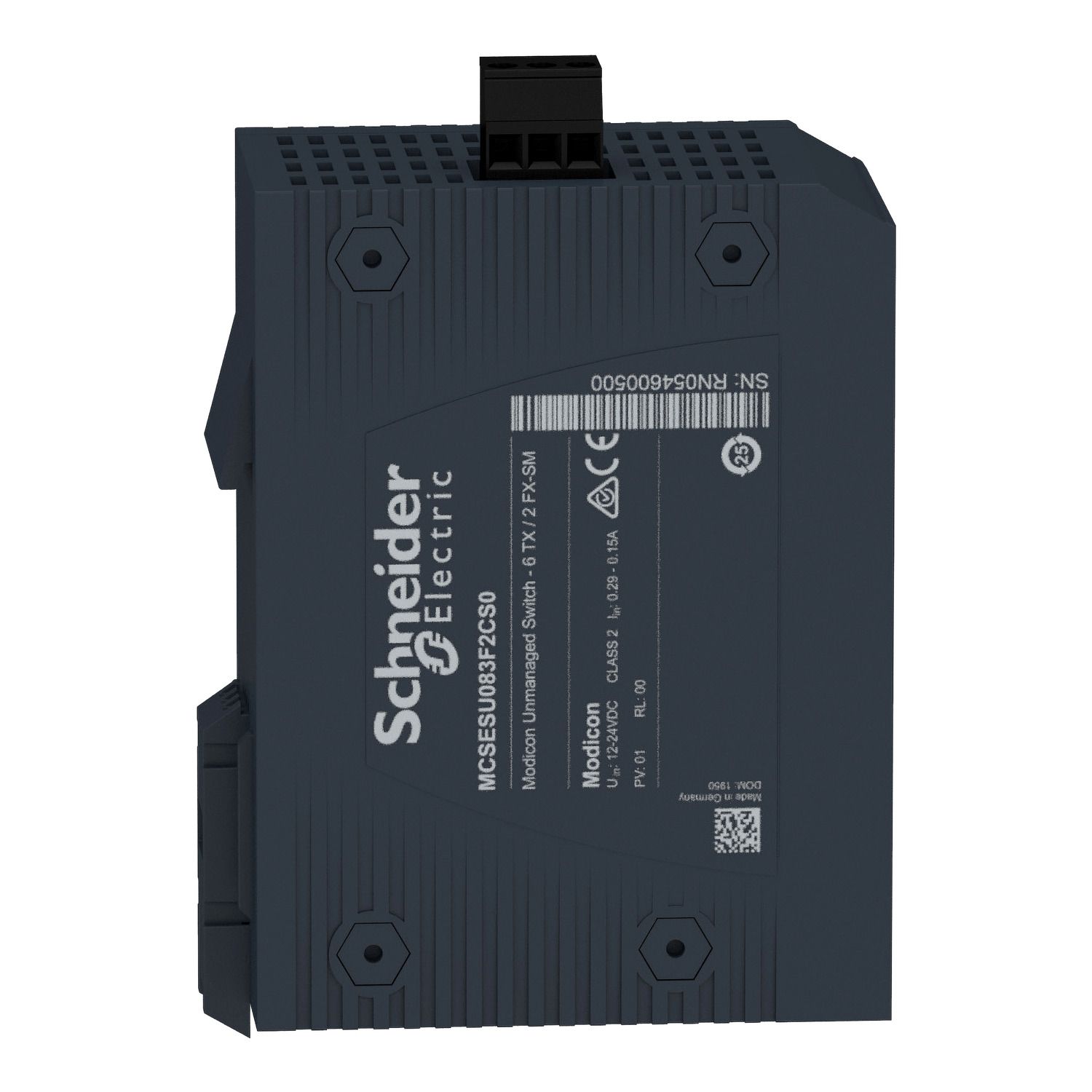 Picture of network switch, Modicon Networking, standard unmanaged, 6 ports for copper with 2 ports for singlemode fiber optic
