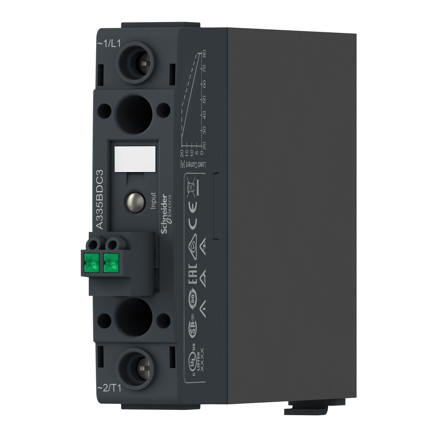 Picture of DIN rail mount relay,  Harmony Solid State Relays, 20A, zeroVoltage switching, input 4...32V DC, output 48...600V AC