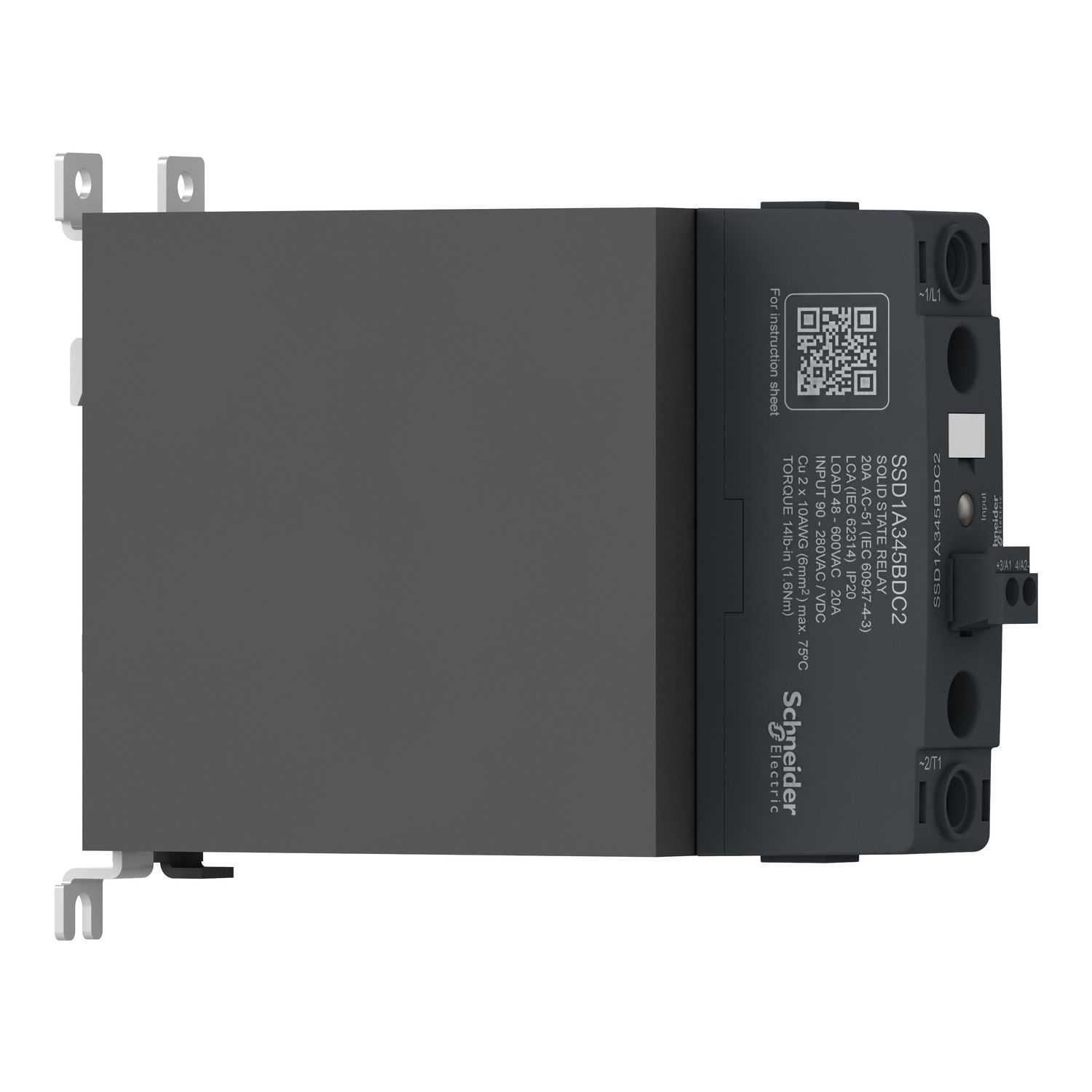 Picture of DIN rail mount, Harmony Solid State Relays, 45A, zeroVoltage switching, contactor configuration screw input, input 4 to 32V DC, output 48 to 600V AC