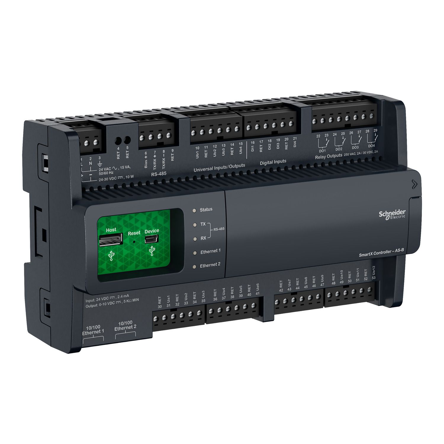 Picture of Automation server, SpaceLogic Plant Room Servers, AS-B-24H, 24 I/O points, BACnet, MS/TP, modbus, manual override, display