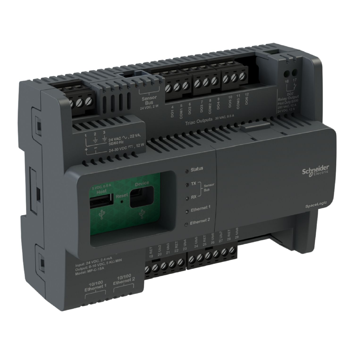 Picture of Controller, SpaceLogic IP, MP-C, BACnet/IP, 18 points, 10 universal input/output Type Ub, 8 digital Triac outputs