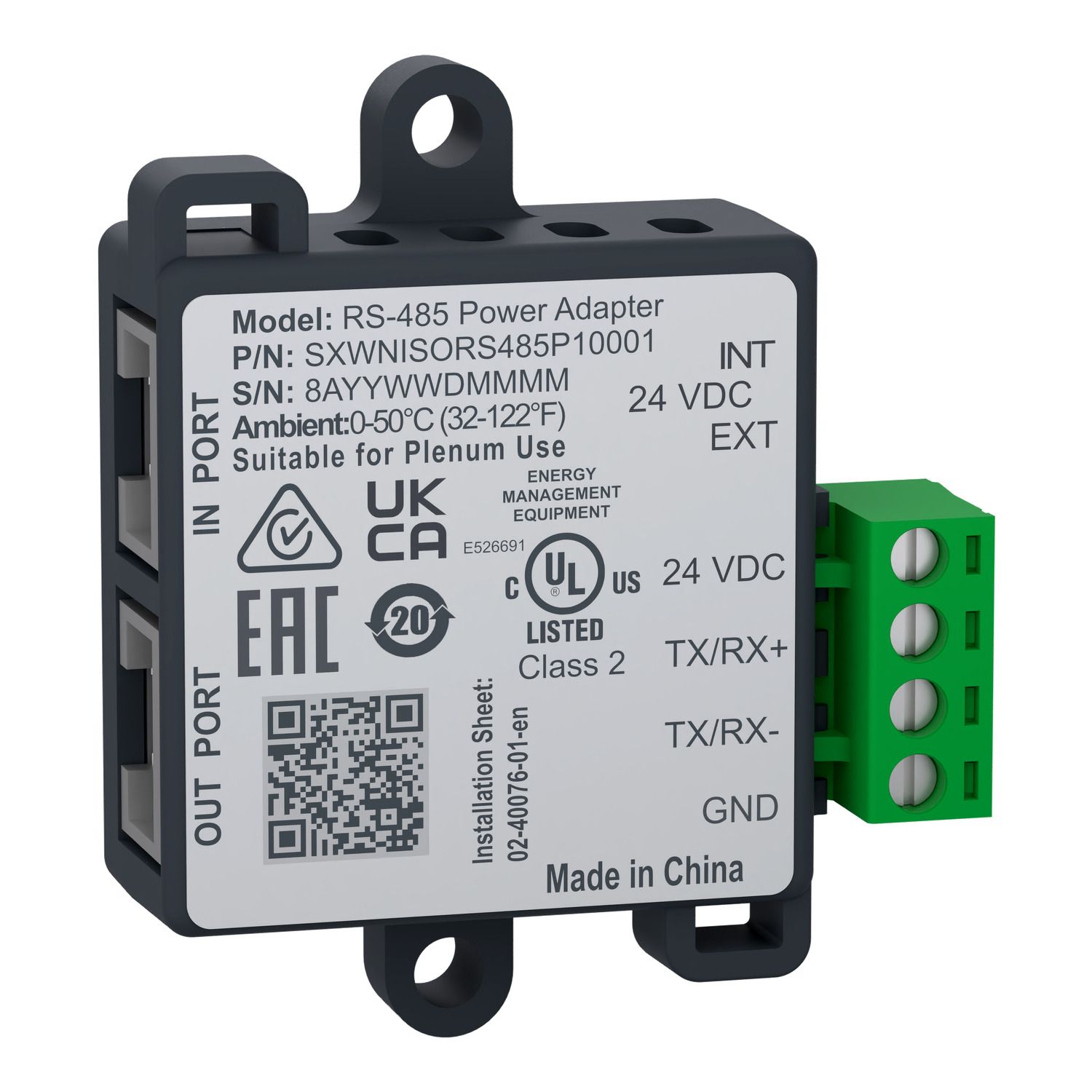 Picture of Non-isolated RS485 and power adapter, SpaceLogic