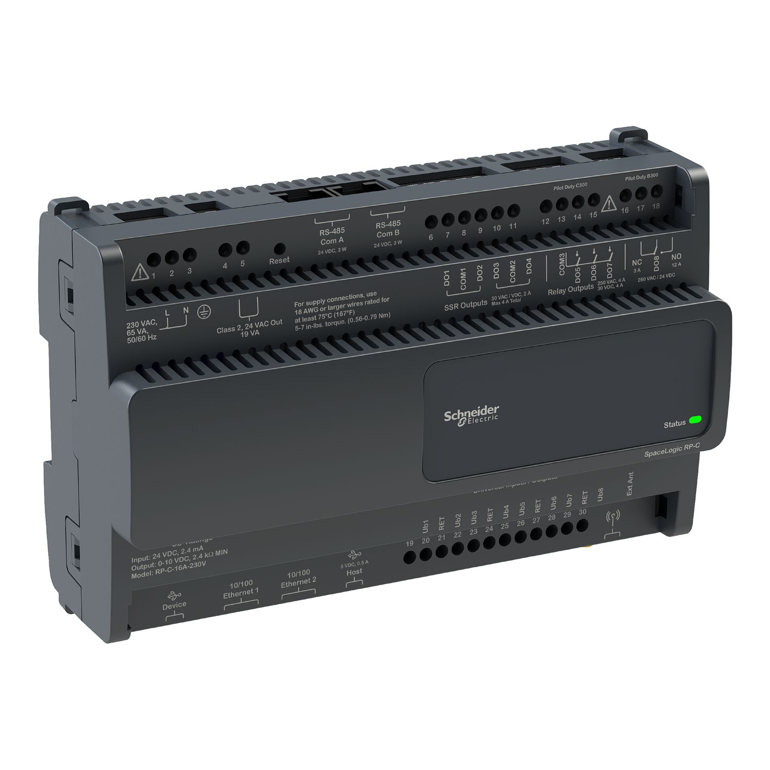Picture of Controller, SpaceLogic RP-C, 16 points, 8 universal I/O, 4 solid-state relay, 3 form A relay, 1 form C high power relay