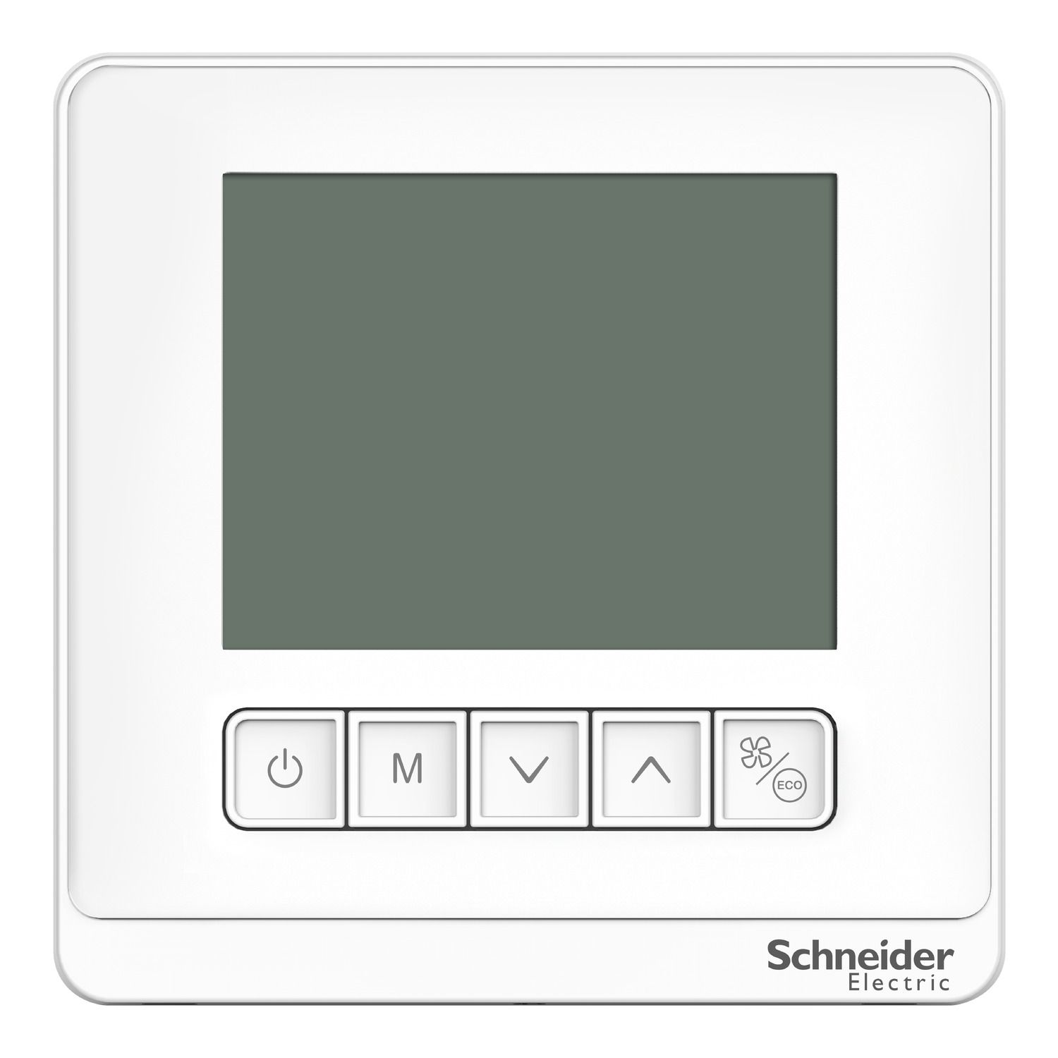 Picture of Thermostat, Spacelogic, fan coil on/off, standalone, LCD 5 Button, 4P, 3 fan, external sensor, 240V, white
