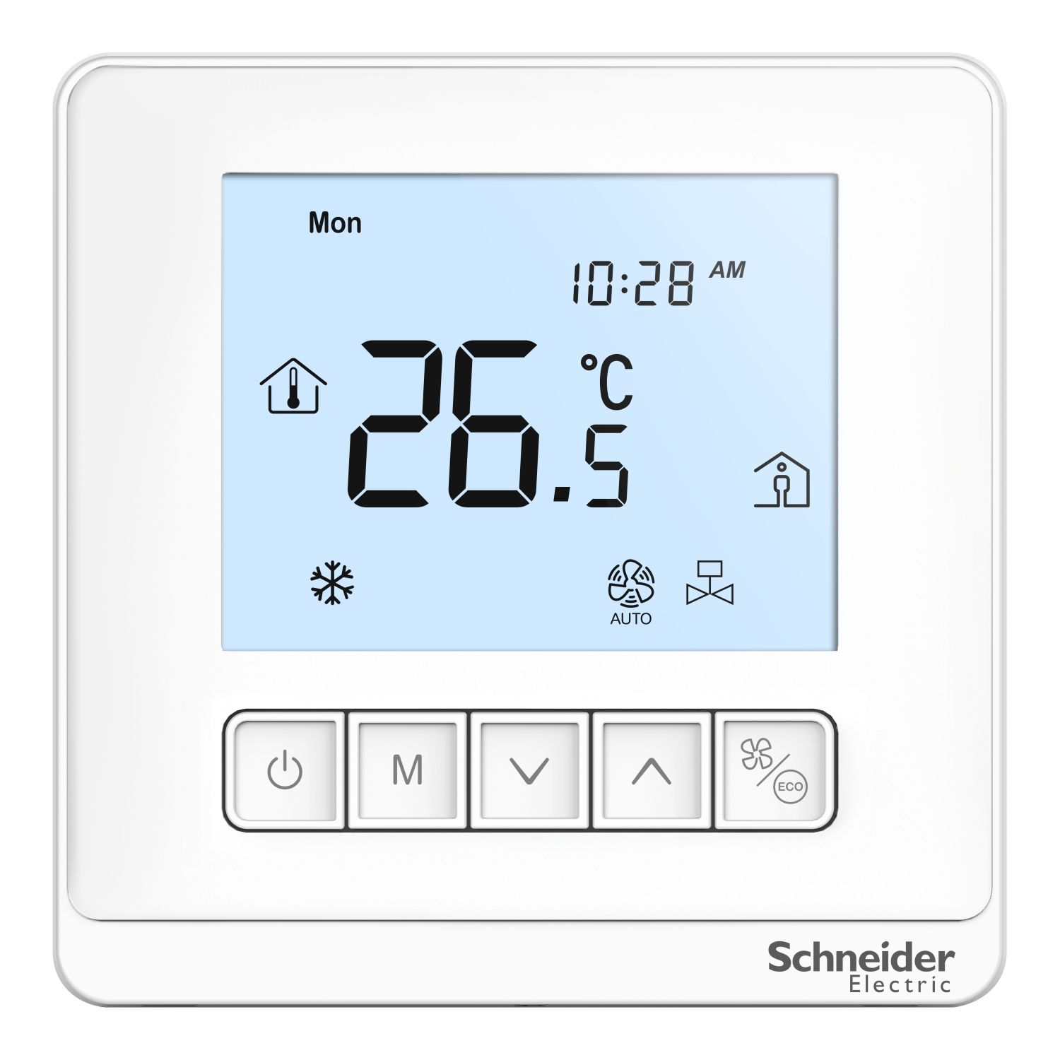 Picture of Thermostat, Spacelogic, fan coil on/off, standalone, LCD 5 Button, 4P, 3 fan, external sensor, 240V, white