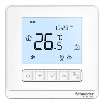 Picture of Thermostat, Spacelogic, fan coil on/off, standalone, LCD 5 Button, 4P, 3 fan, external sensor, 240V, white