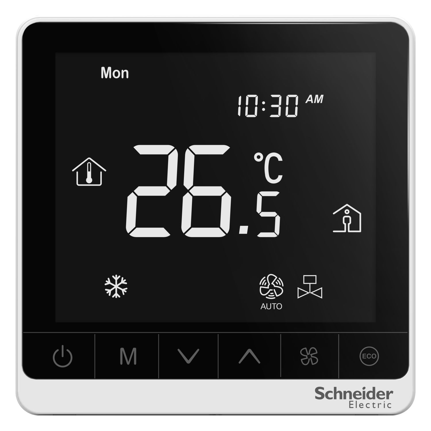 Picture of SpaceLogic thermostat, fan coil on/off, networking, touchscreen, 4P, ECM fan 0-10V, modbus, external sensor, 240V, white