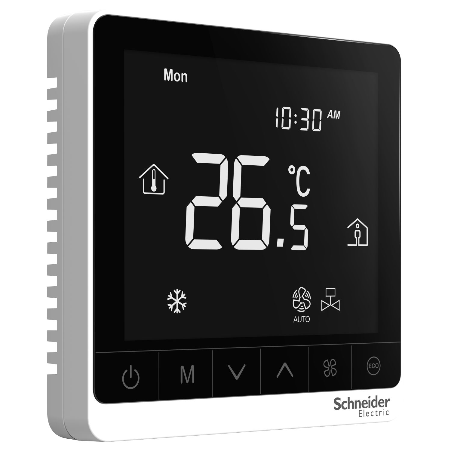 Picture of SpaceLogic thermostat, fan coil on/off, networking, touchscreen, 4P, ECM fan 0-10V, modbus, external sensor, 240V, white