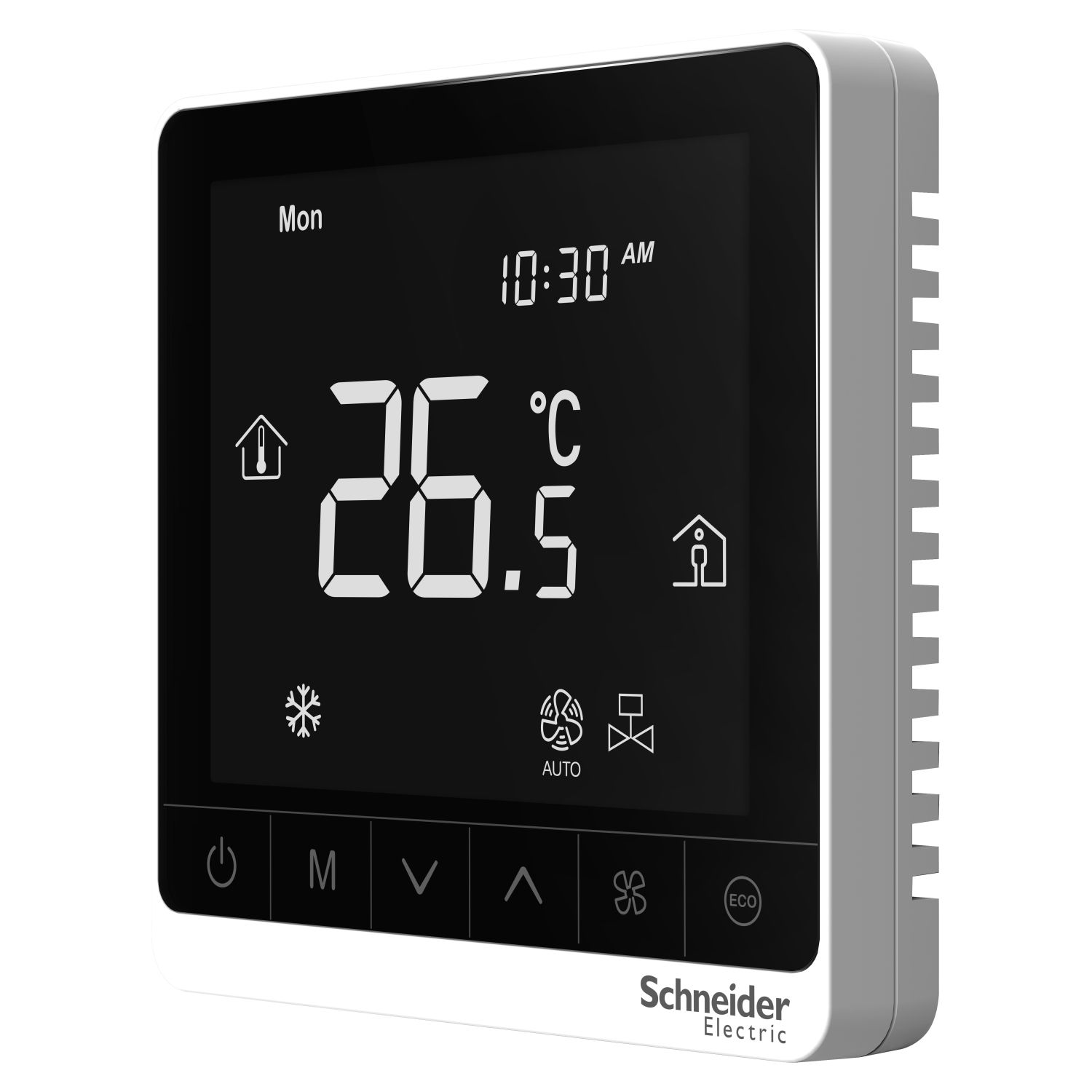 Picture of SpaceLogic thermostat, fan coil on/off, networking, touchscreen, 4P, ECM fan 0-10V, modbus, external sensor, 240V, white