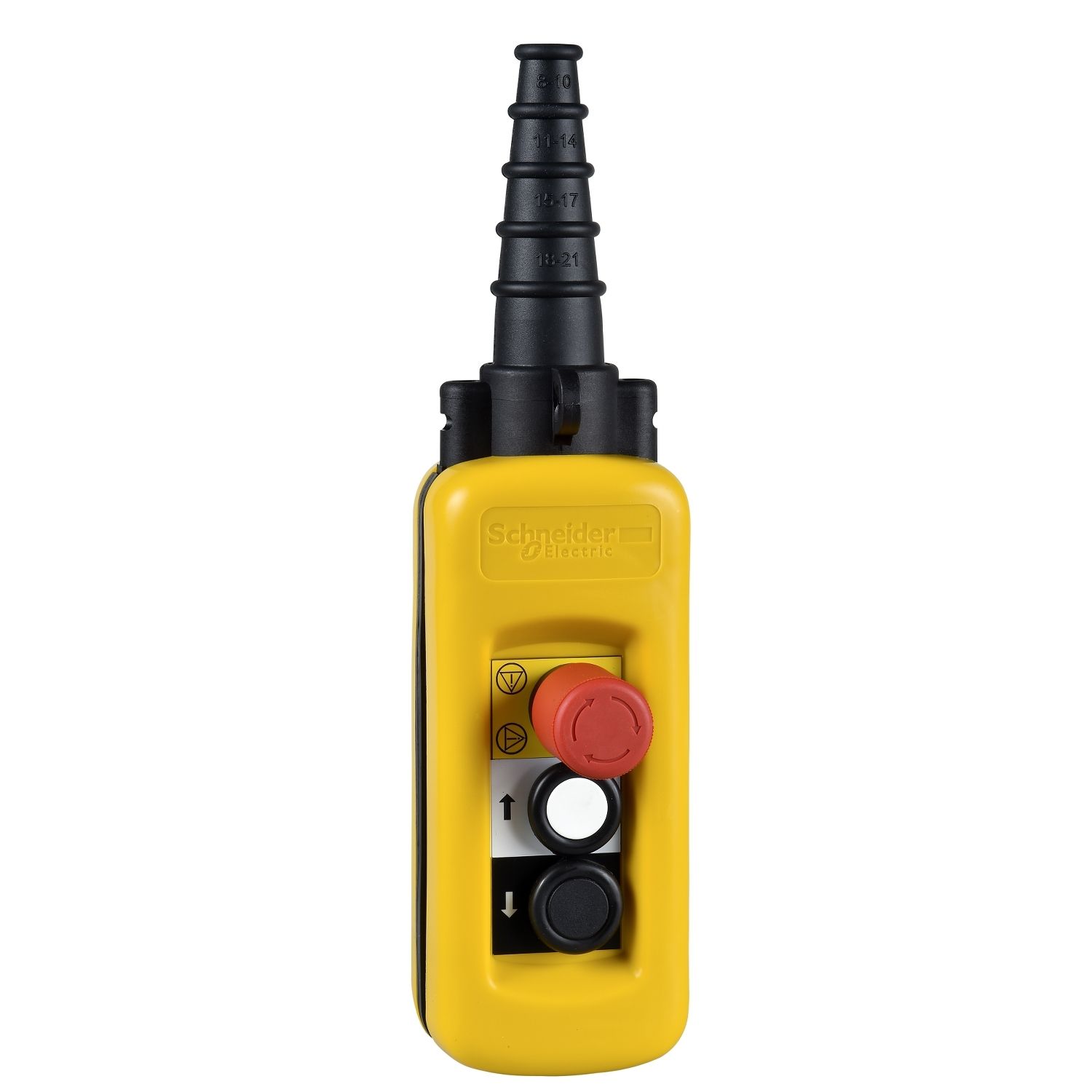 Picture of Pendant control station, Harmony XAC, plastic, yellow, 2 push buttons with 1NO, 1 emergency stop NC