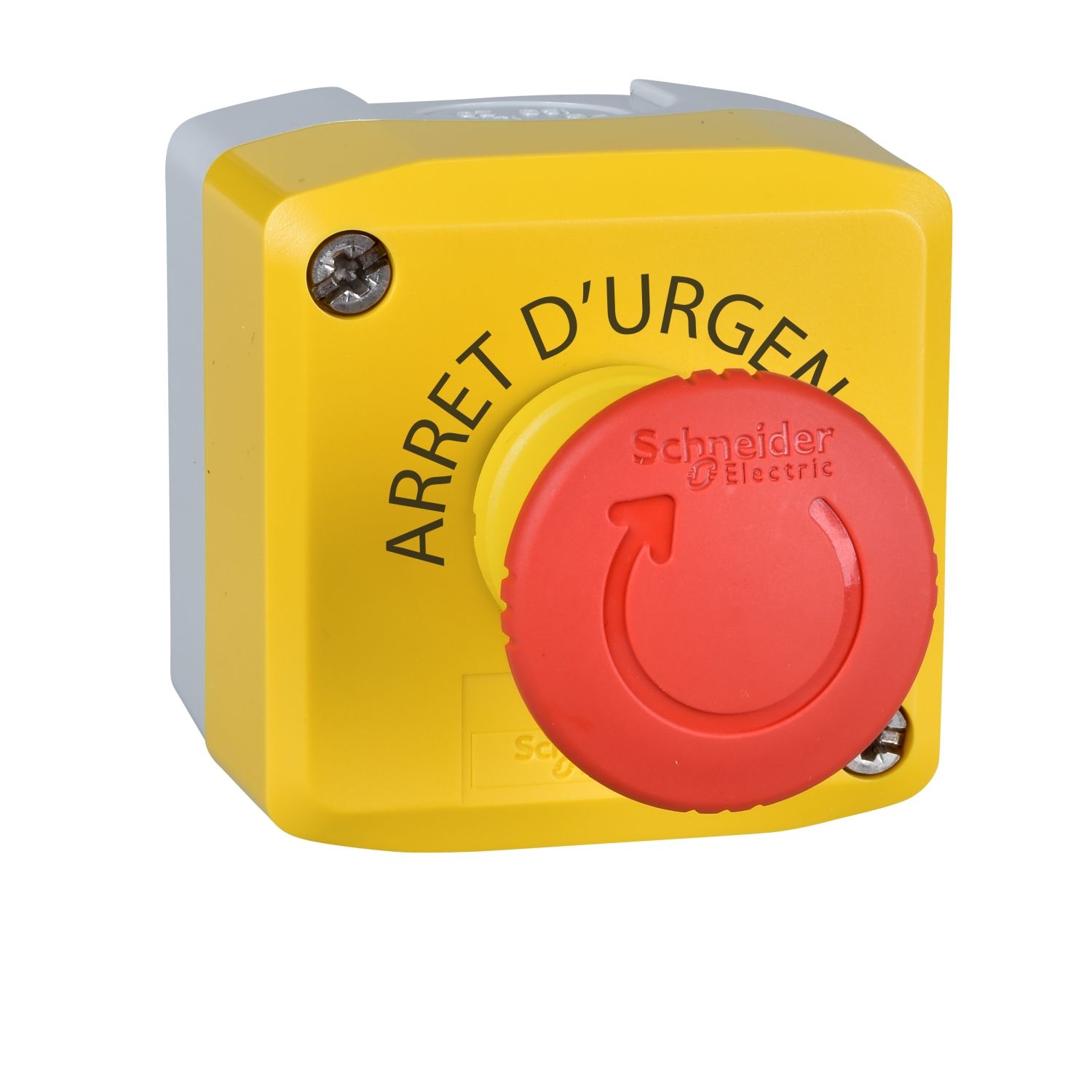 Picture of Control station, Harmony XALK, plastic, yellow lid, 1 red mushroom 40mm, turn to release, 1NC with monitoring, unmarked, UL/CSA certified