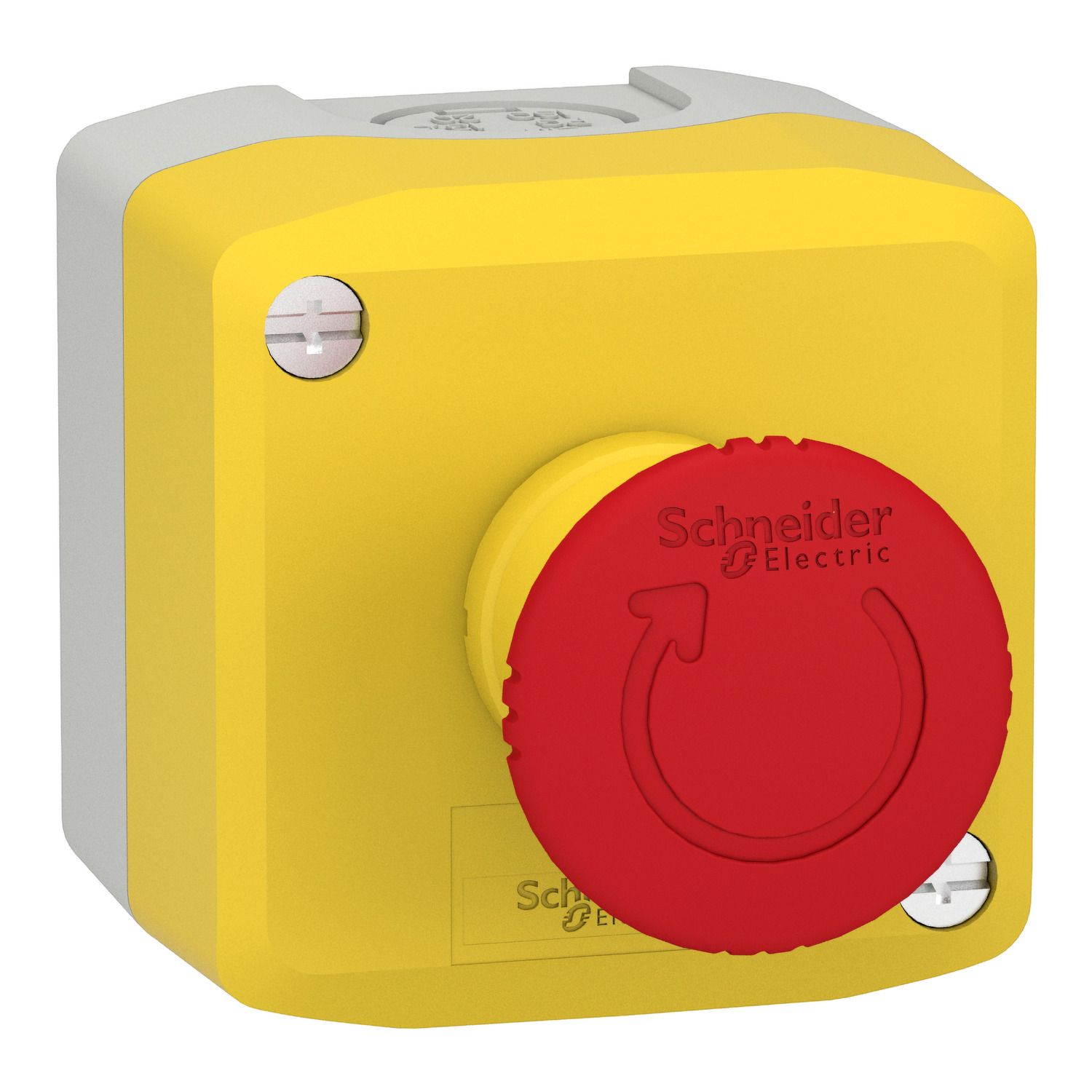 Picture of Control station, Harmony XALK, plastic, yellow lid, 1 red mushroom 40mm, turn to release, 1NC with monitoring, unmarked, UL/CSA certified