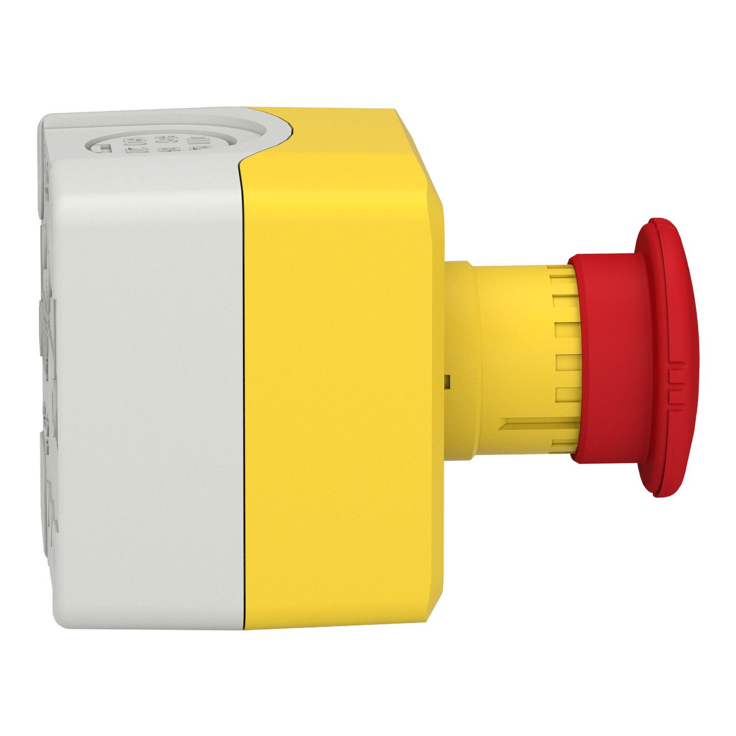 Picture of Control station, Harmony XALK, plastic, yellow lid, 1 red mushroom 40mm, turn to release, 1NC with monitoring, unmarked, UL/CSA certified