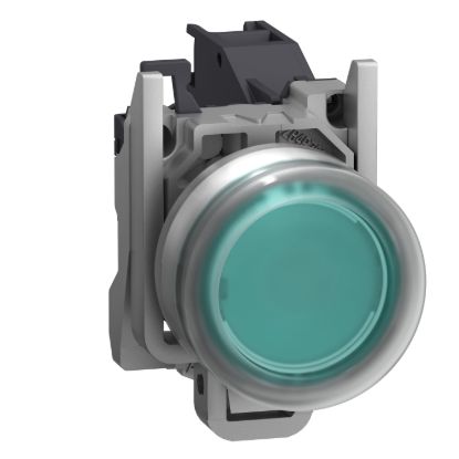 Picture of Complete push button, Harmony XB4 - ATEX D, green projecting with boot, metal, 22mm, silver alloy, spring return, 1NO