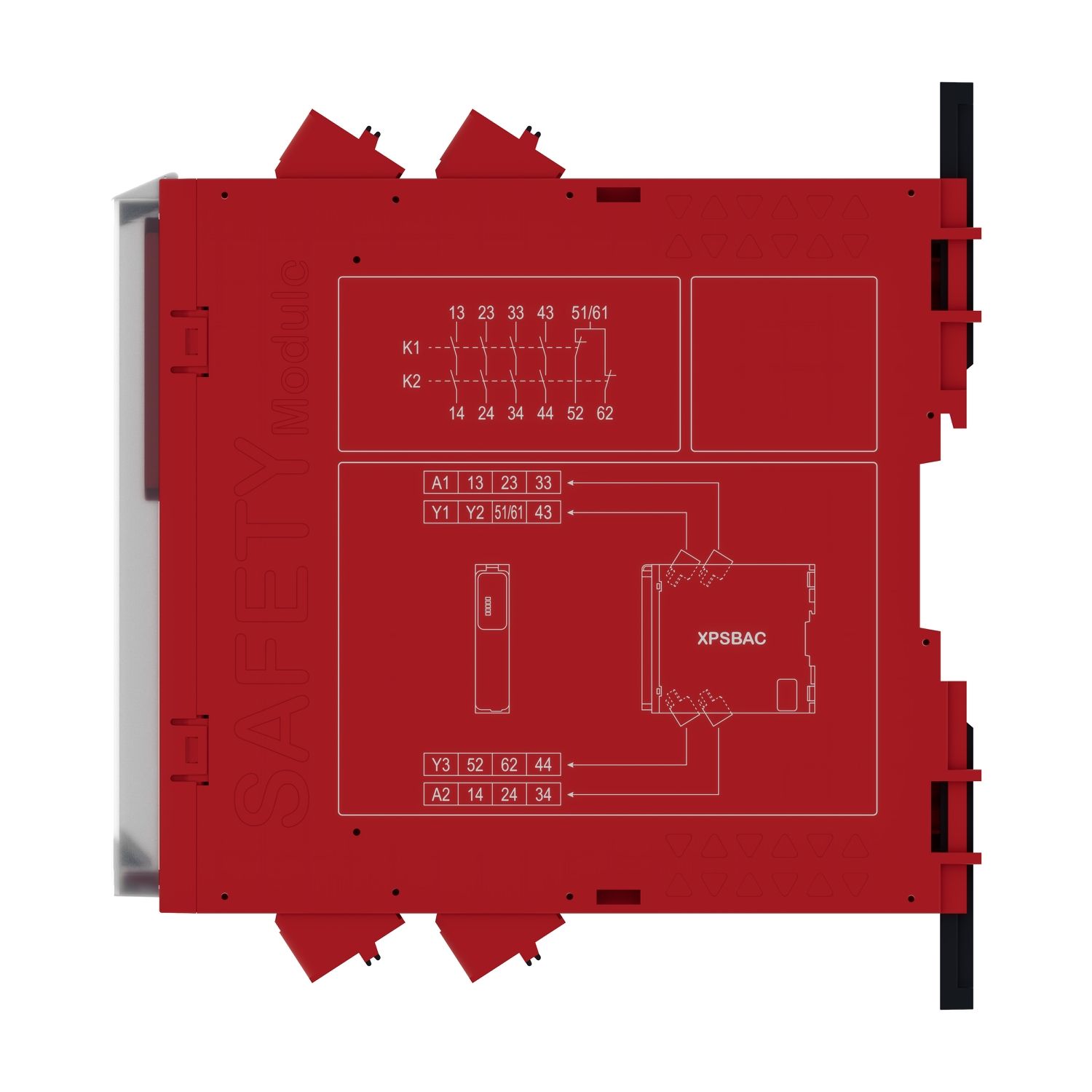 Picture of safety module, Harmony XPS, estop or guard, connected to supply terminals 24V AC or DC , no inputs, spring