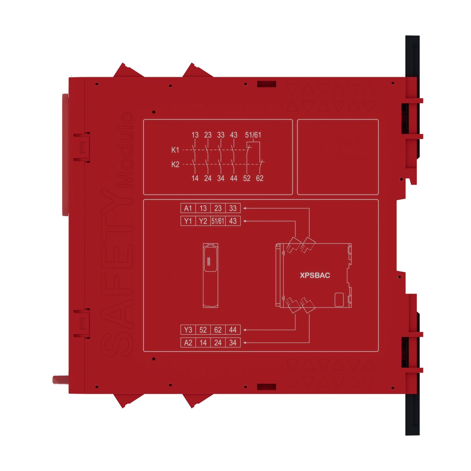 Picture of safety module, Harmony XPS, estop or guard, connected to supply terminals 24V AC or DC , no inputs, screw