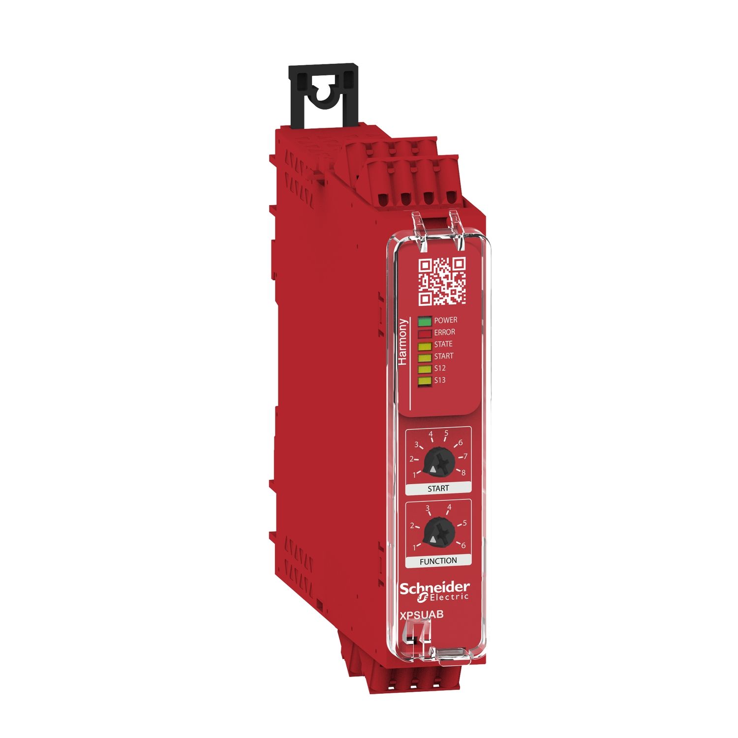 Picture of safety module, Harmony XPSU, potential free 2 NC, NO NC, 2 PNP, 48 to 240V AC or DC, spring