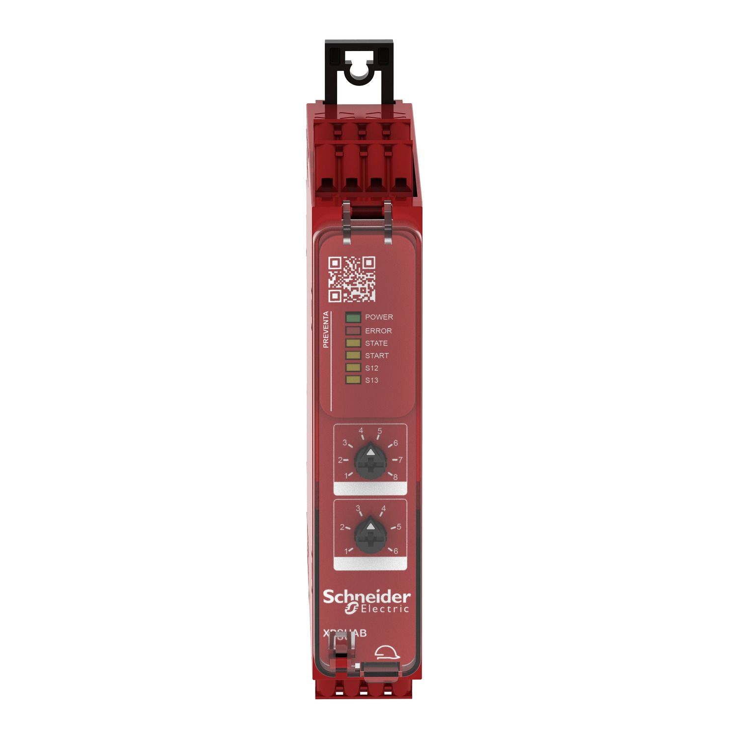 Picture of safety module, Harmony XPSU, potential free 2 NC, NO NC, 2 PNP, 48 to 240V AC or DC, spring