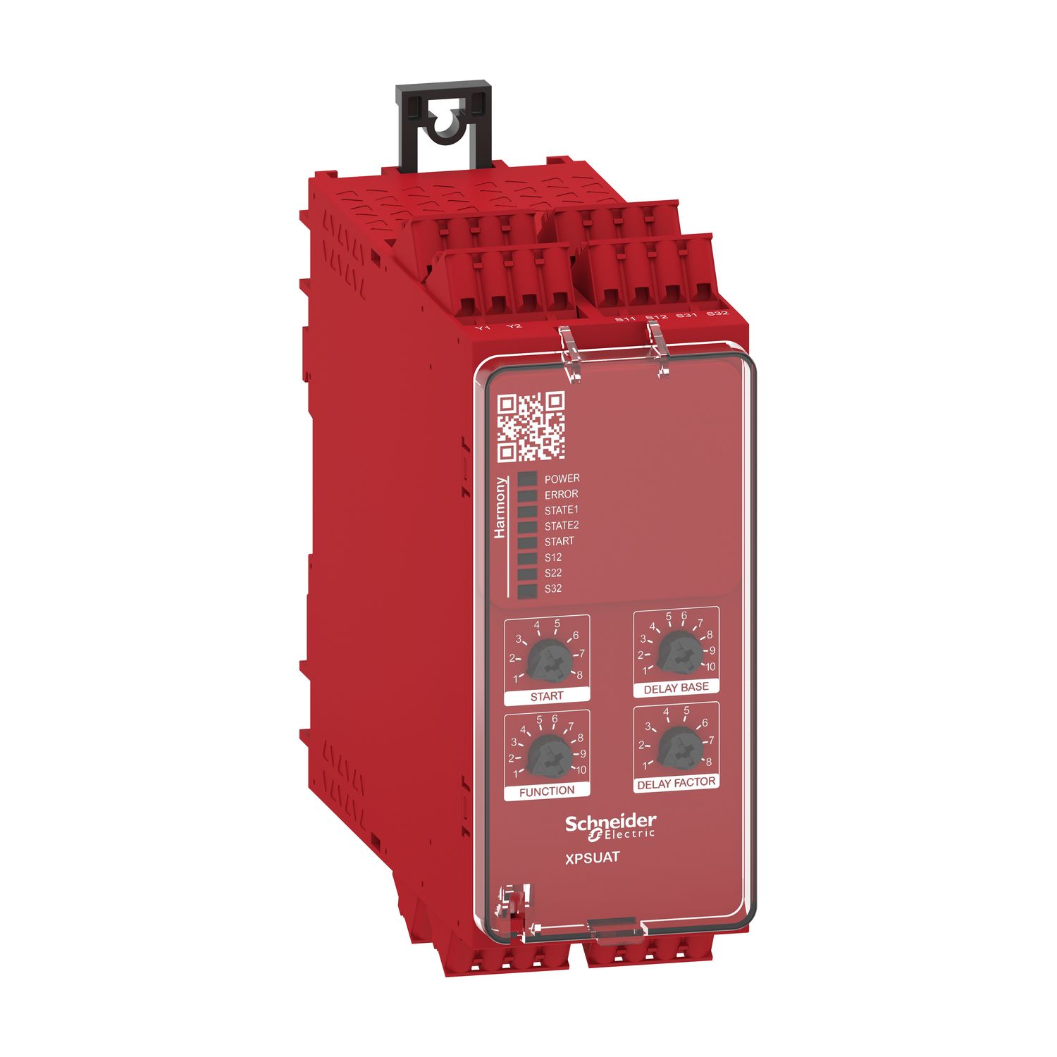Picture of safety module, Harmony XPSU, Cat4, features XPSUAK with delayed outputs, 24V AC or DC, spring