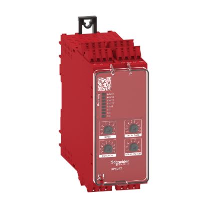 Picture of safety module, Harmony XPSU, Cat4, features XPSUAK with delayed outputs, 24V AC or DC, spring
