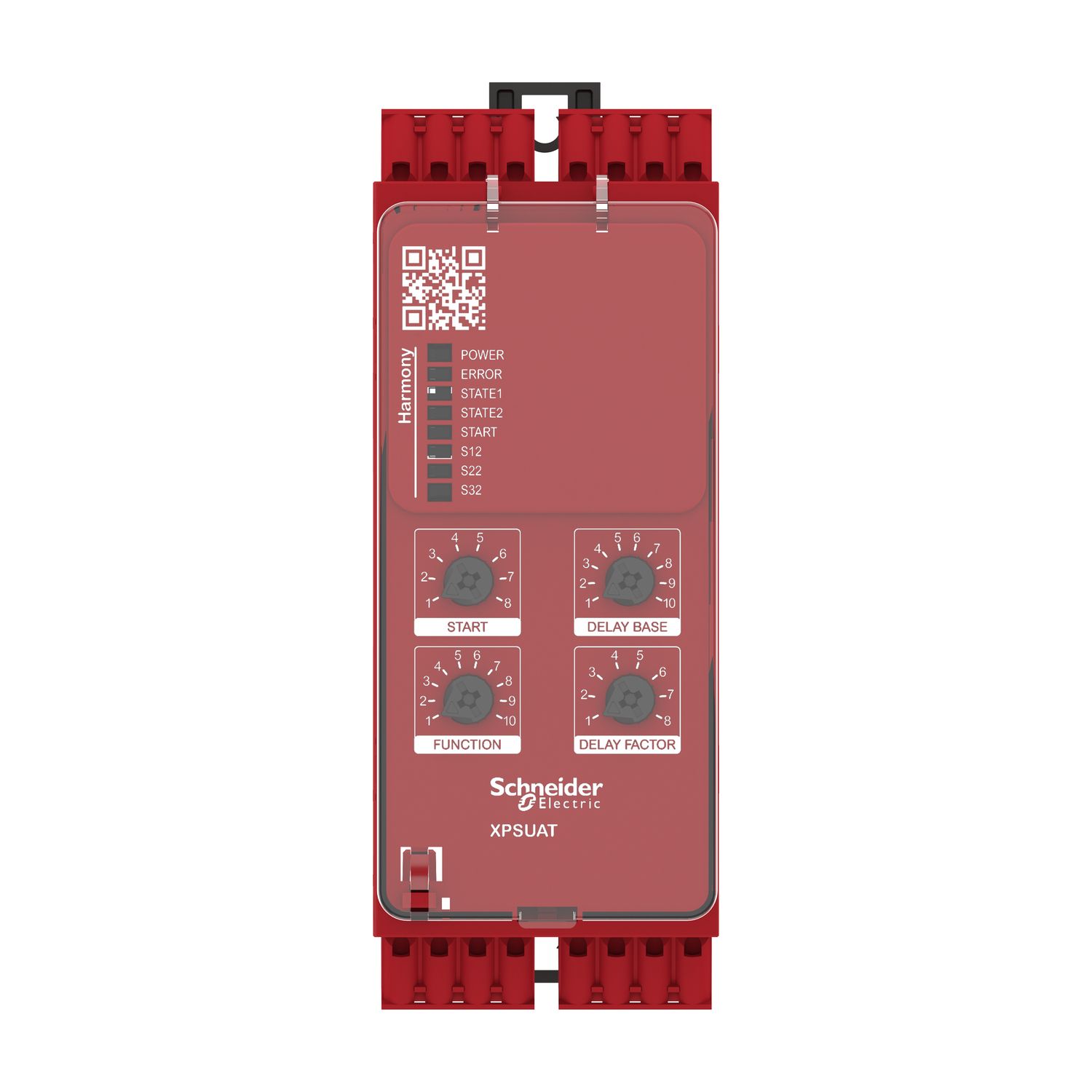 Picture of safety module, Harmony XPSU, Cat4, features XPSUAK with delayed outputs, 24V AC or DC, spring
