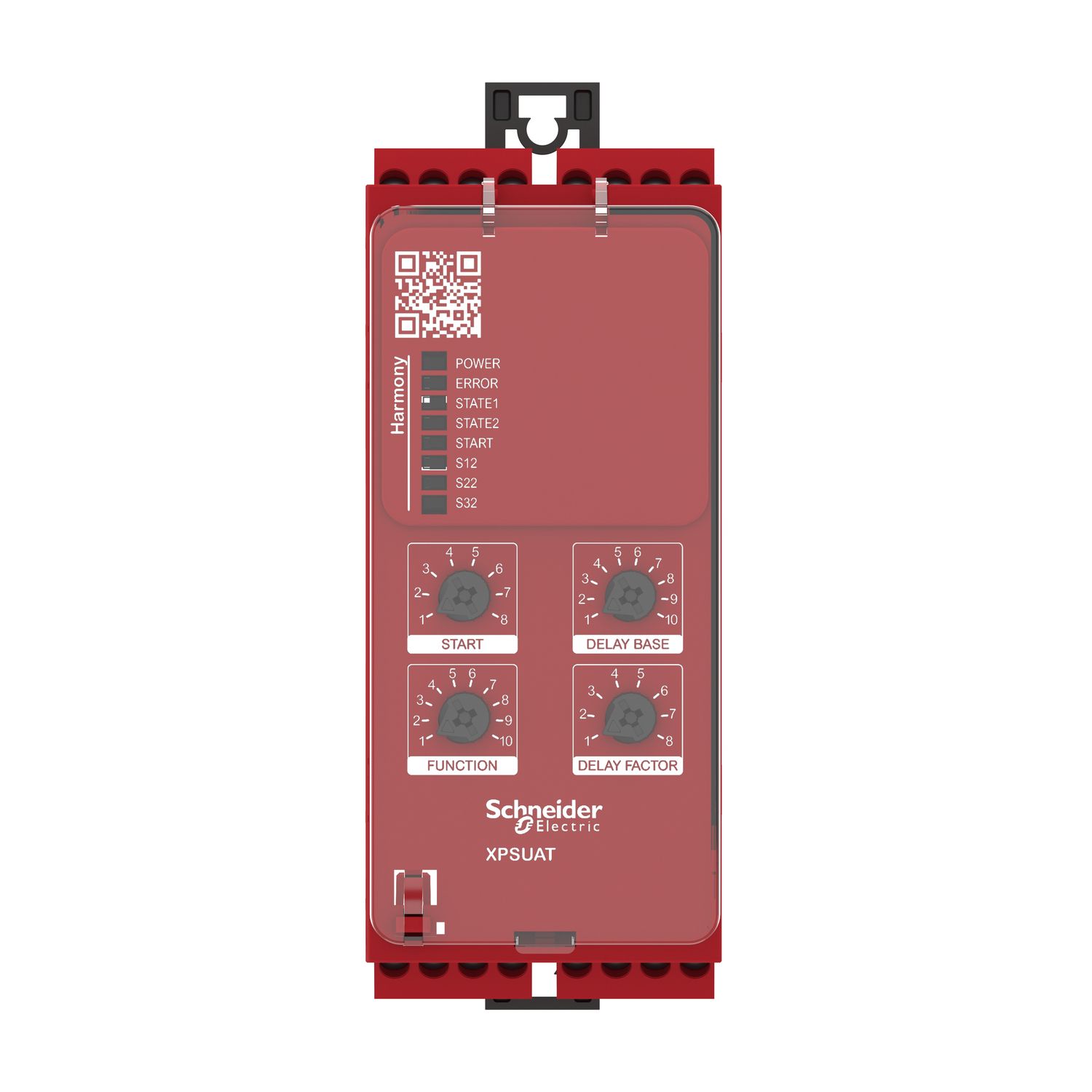 Picture of safety module, Harmony XPSU, Cat4, features XPSUAK with delayed outputs, 48 to 240V AC or DC, screw