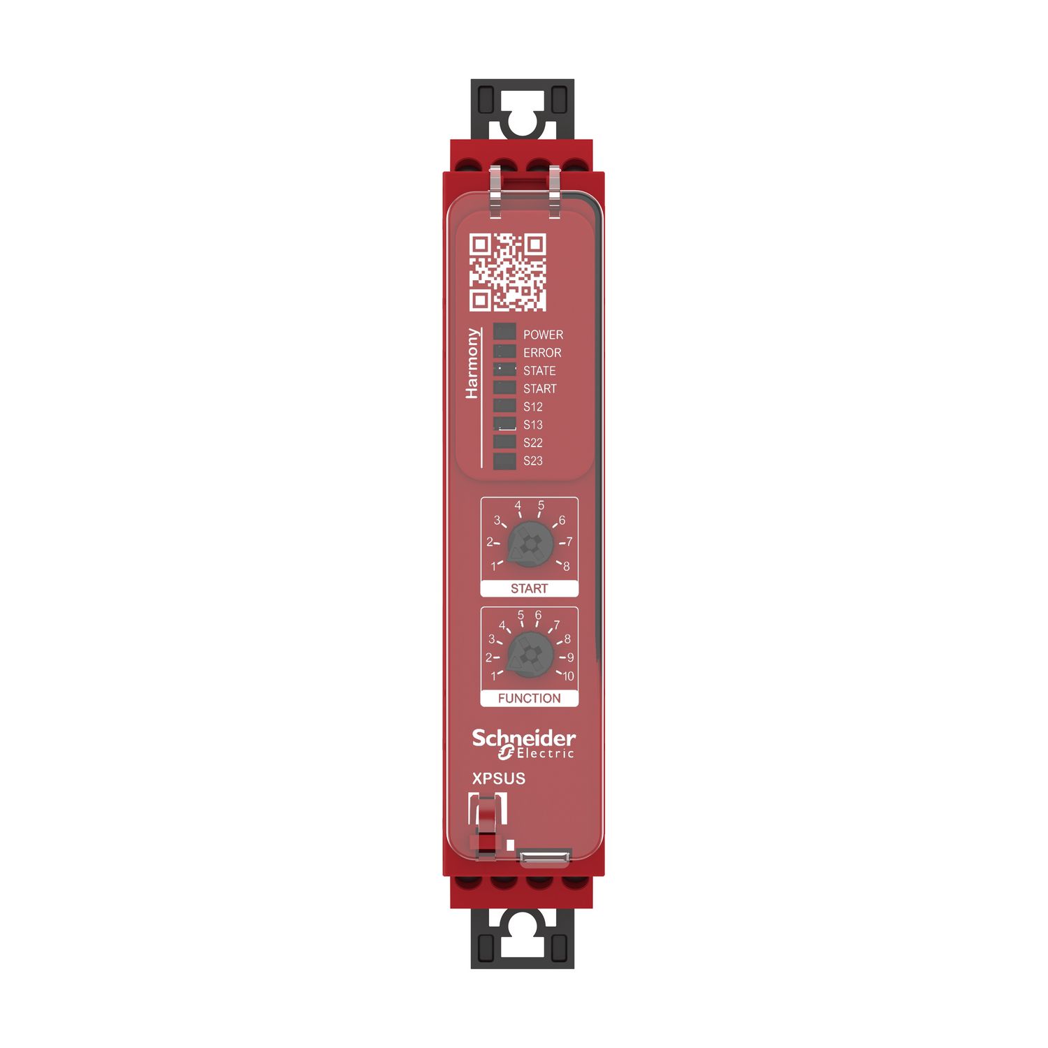 Picture of safety module, Harmony XPSU, Cat 4, features 2 x XPSUAF with enabling movement, 24V AC or DC, screw